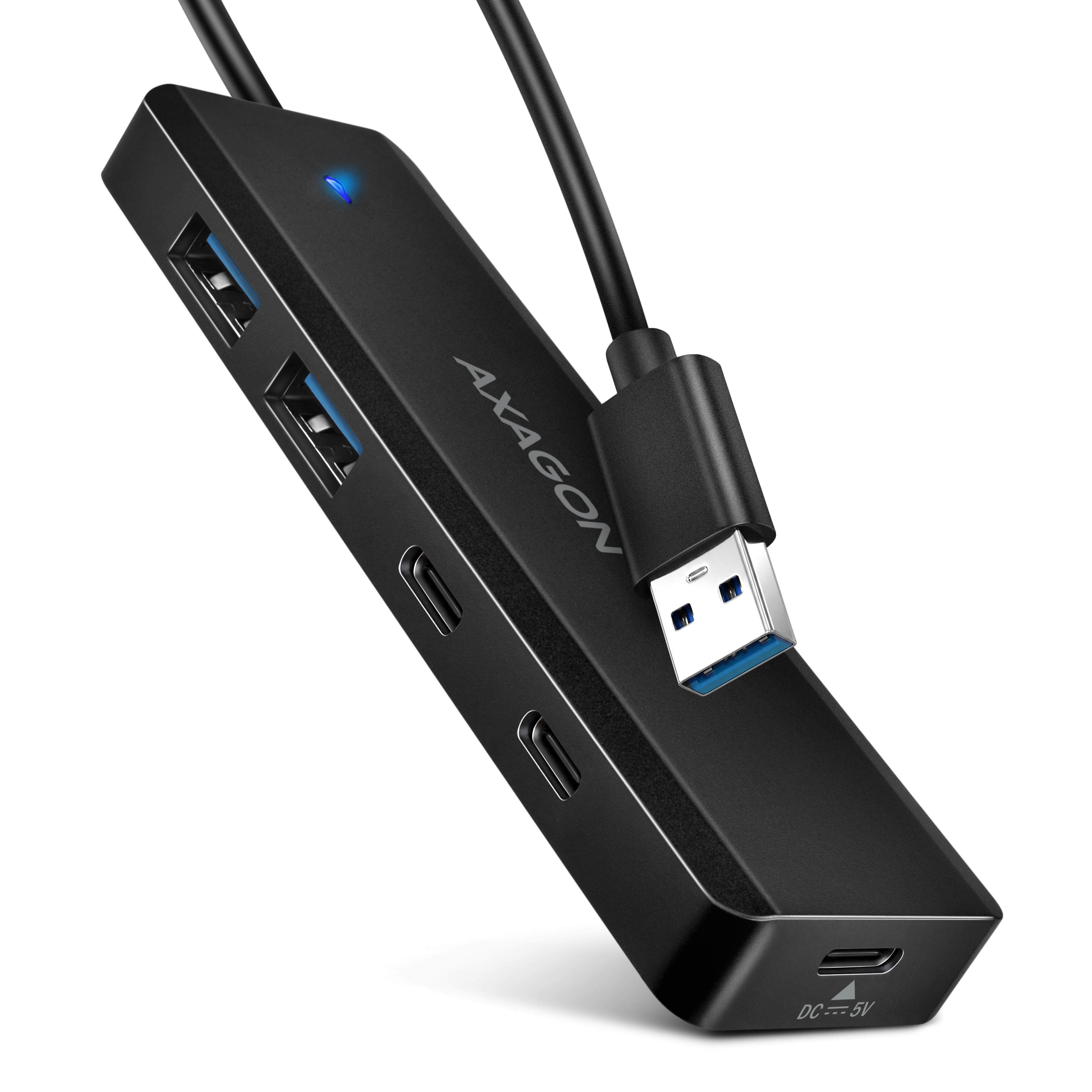 AXAGON HUE-C2A 2x USB3.2 Gen 1 + 2x USB-C 5Gbps Travel hub, USB-C power IN avec 19cm Type-A Kabel