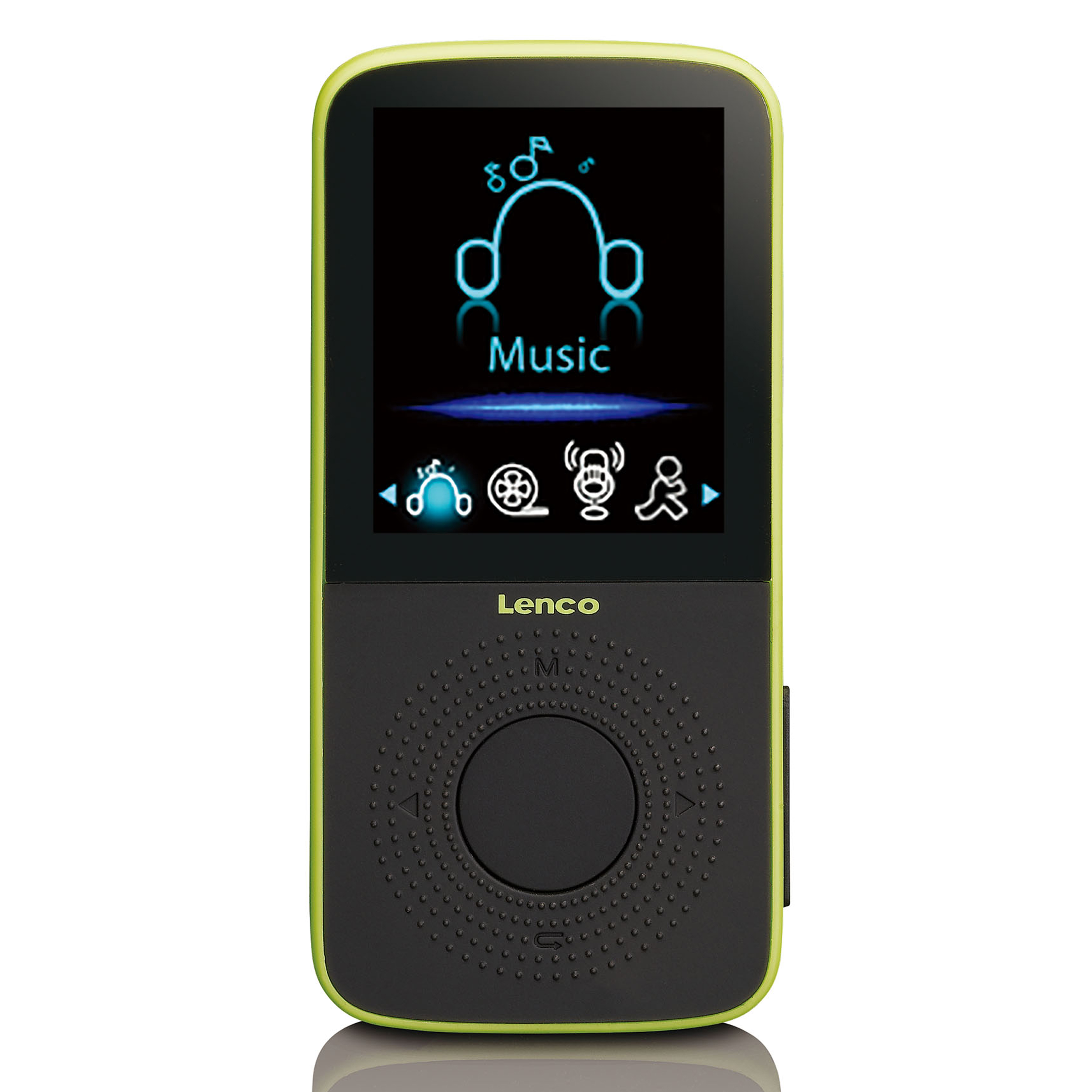 LENCO Lecteur MP3/4 de sport avec podomètre Bouchons d'oreille de sport et bracelet de sport Lime
