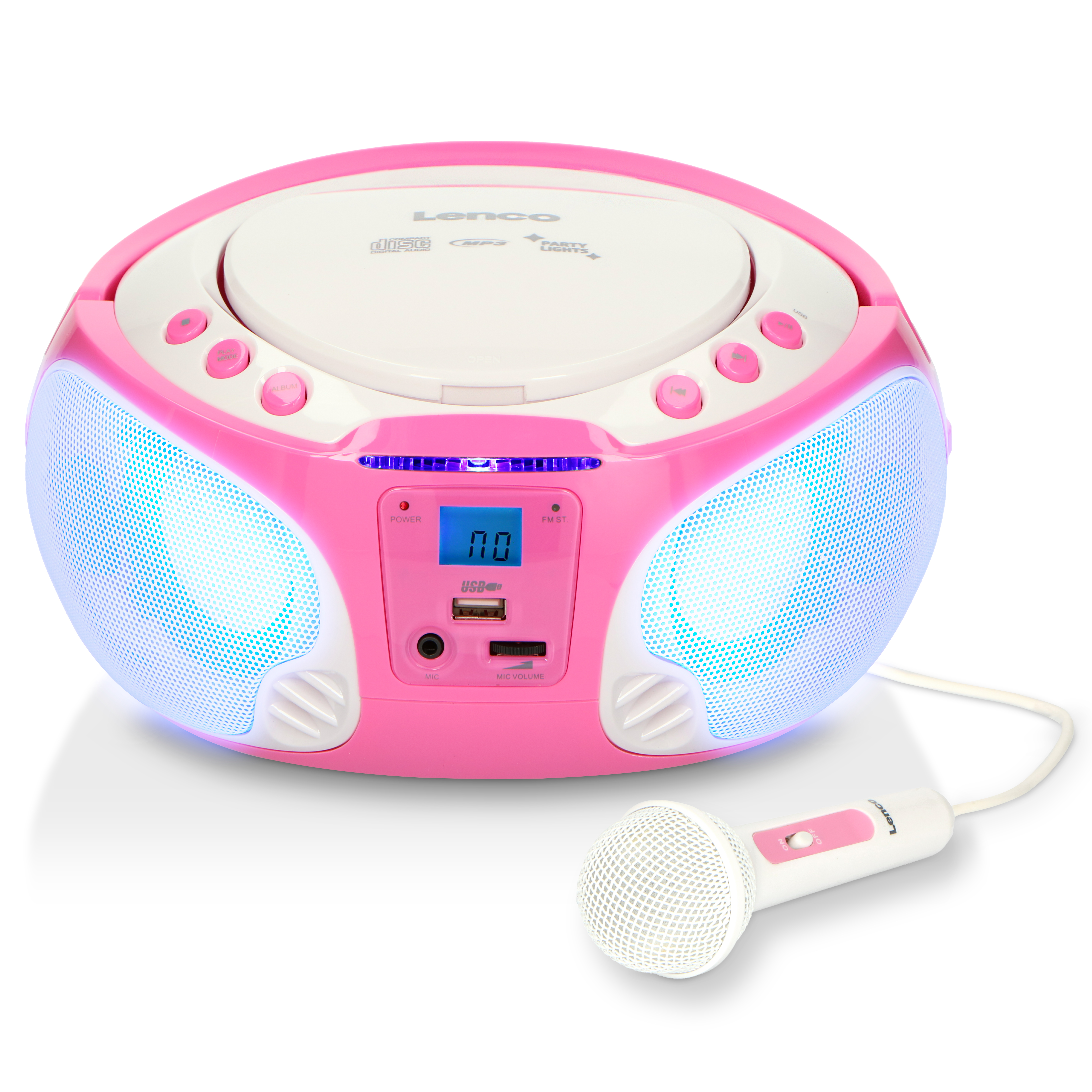 LENCO Radio FM portable CD/MP3/USB Microphone et effets lumineux Rose