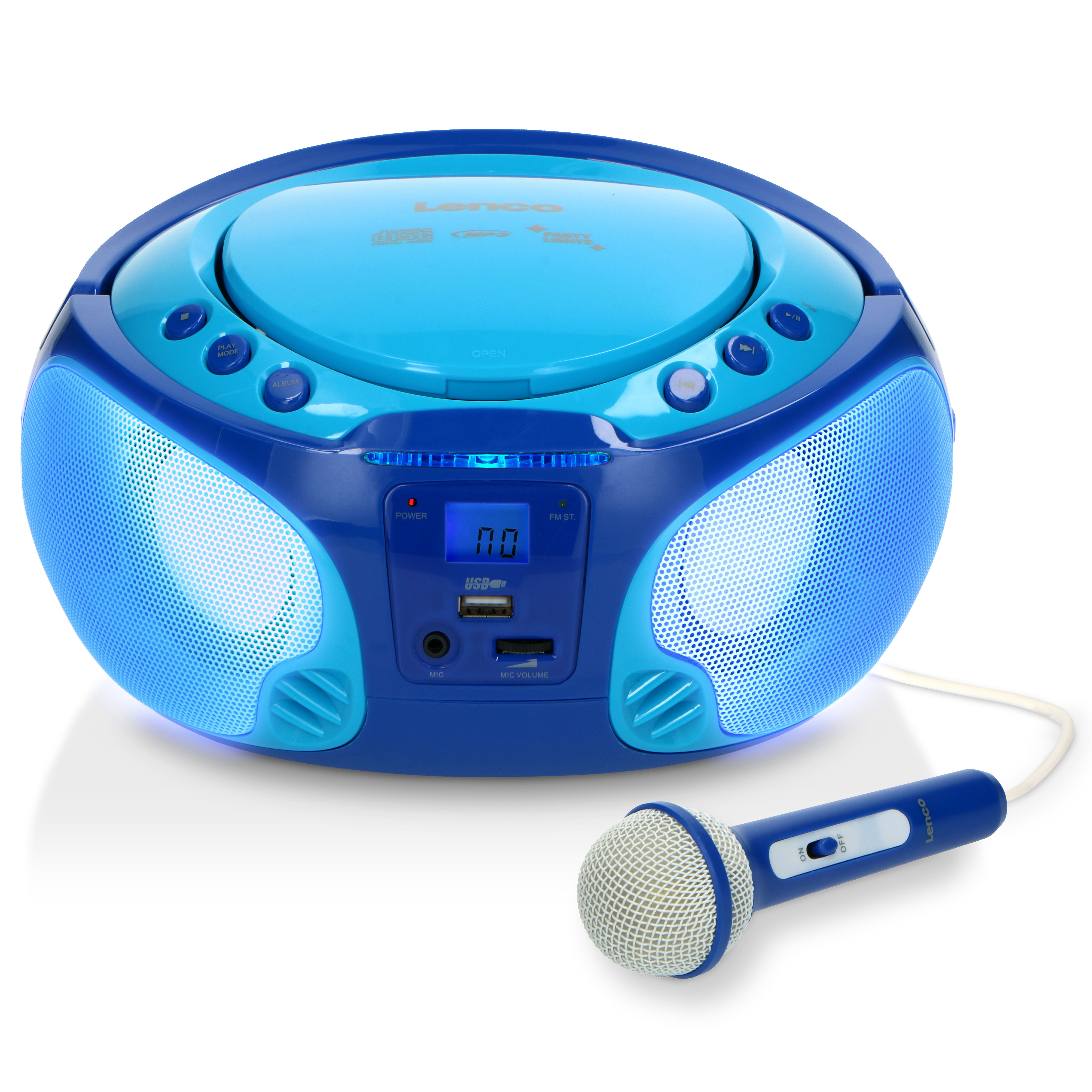 LENCO Radio FM portable CD/MP3/USB Microphone et effets lumineux Bleu