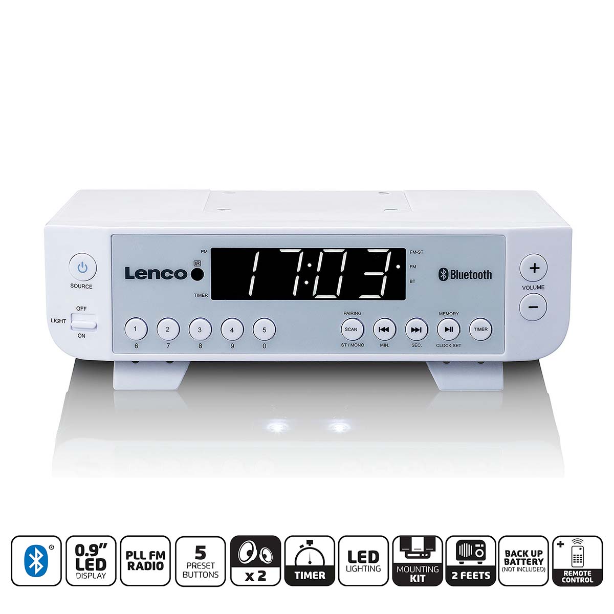 LENCO Radio FM de cuisine avec Bluetooth® Eclairage LED et minuterie Blanc