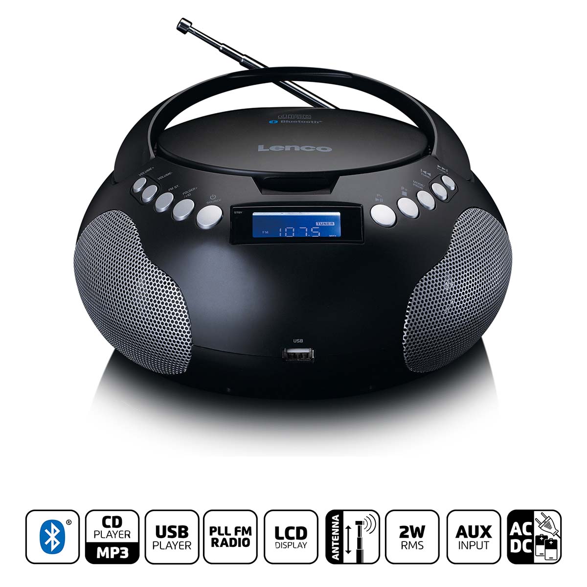 LENCO Radio portable CD/MP3 avec USB et Bluetooth® Noir