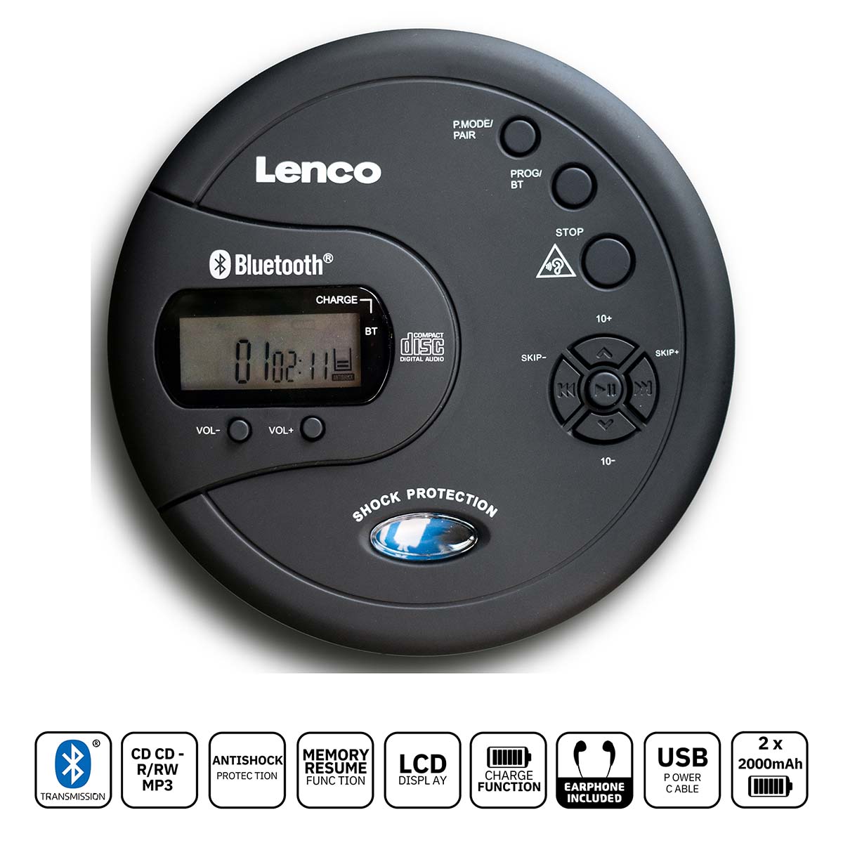 LENCO Lecteur CD-MP3 portable Bluetooth® avec anti-blocage Noir