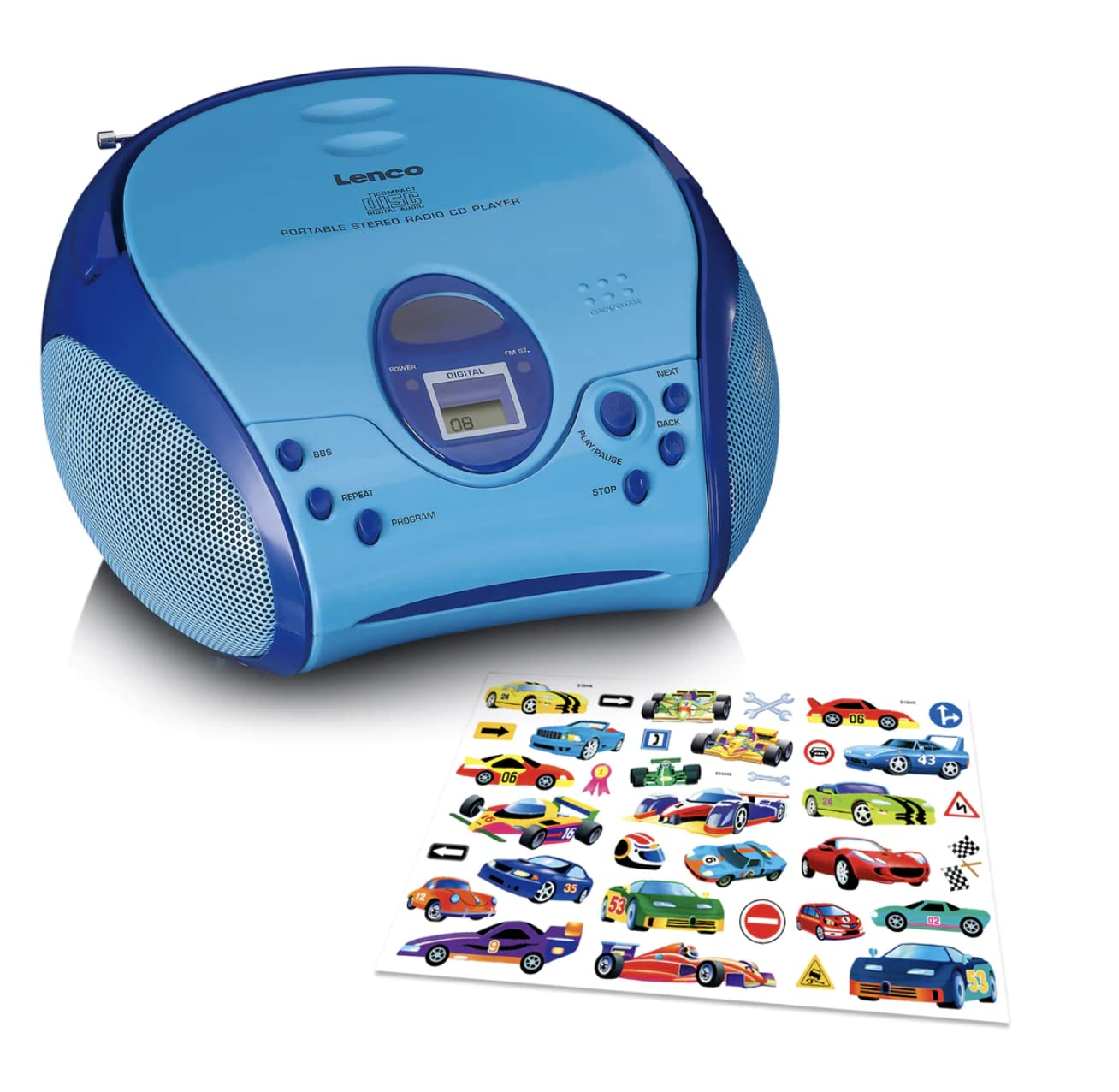LENCO Boombox avec lecteur CD, radio FM et autocollants Bleu
