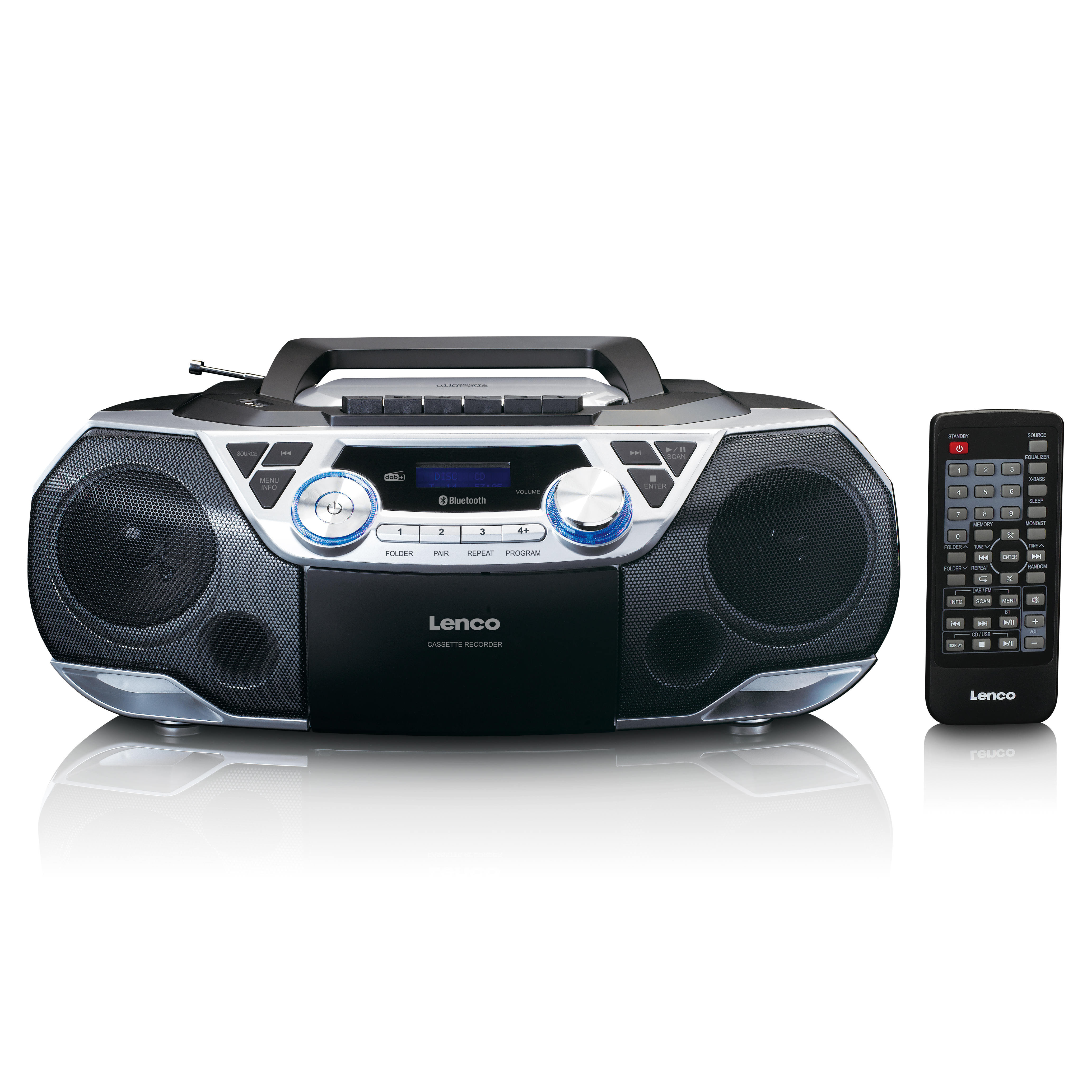 LENCO Boombox portable avec radio DAB+/FM, Bluetooth®, CD, enregistreur de cassettes et lecteur USB Argent