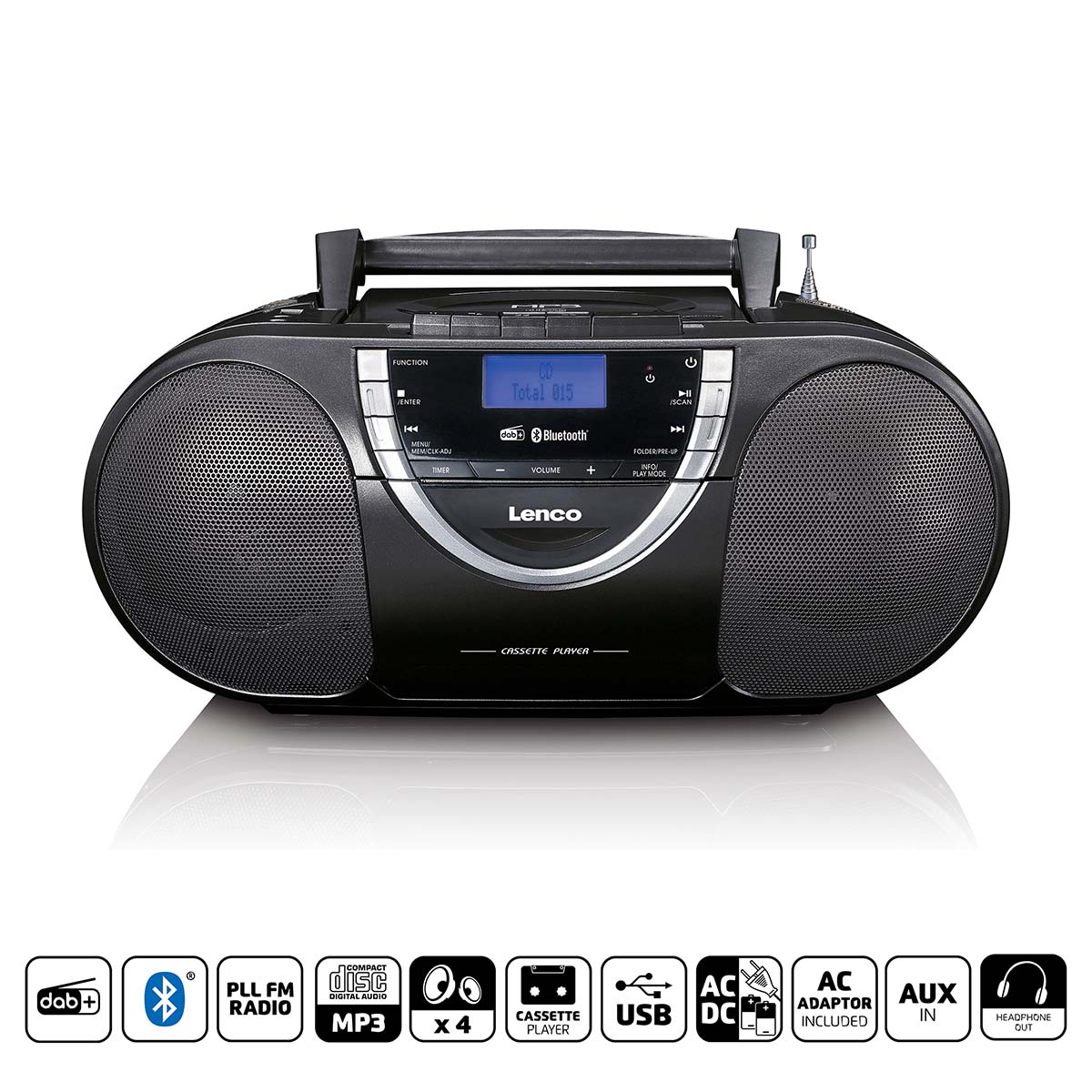 LENCO Radio portable DAB+ et FM avec cassette CD et Bluetooth® Noir