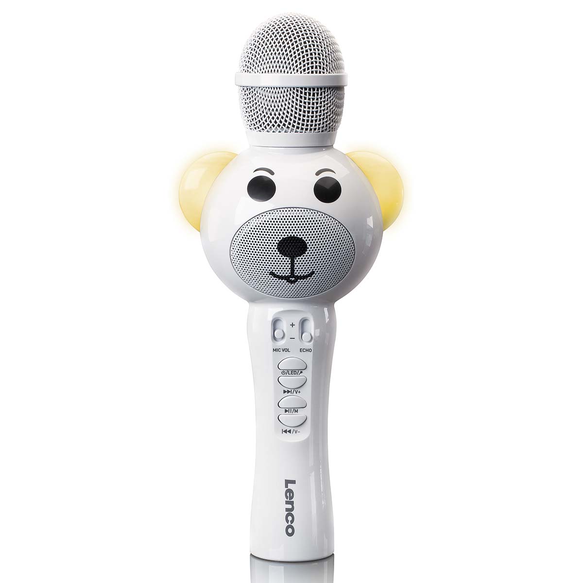 LENCO Microphone karaoké avec Bluetooth® Lumières de l'emplacement SD Sortie auxiliaire Blanc
