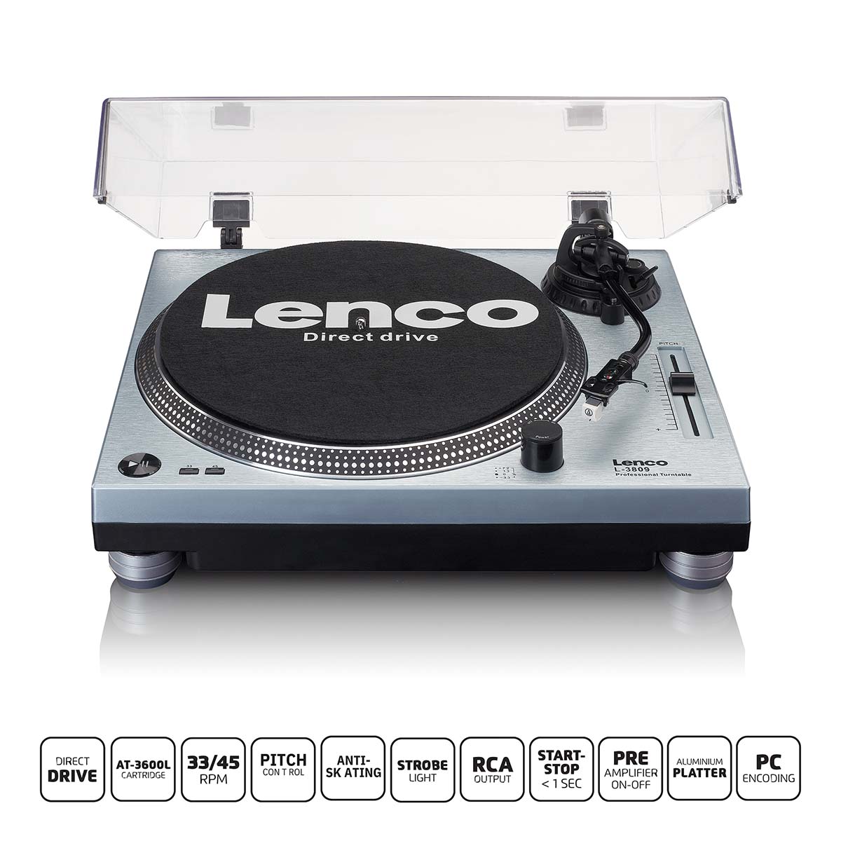 LENCO L-3809ME Platine vinyle à entraînement direct avec encodage USB / PC Bleu métallisé