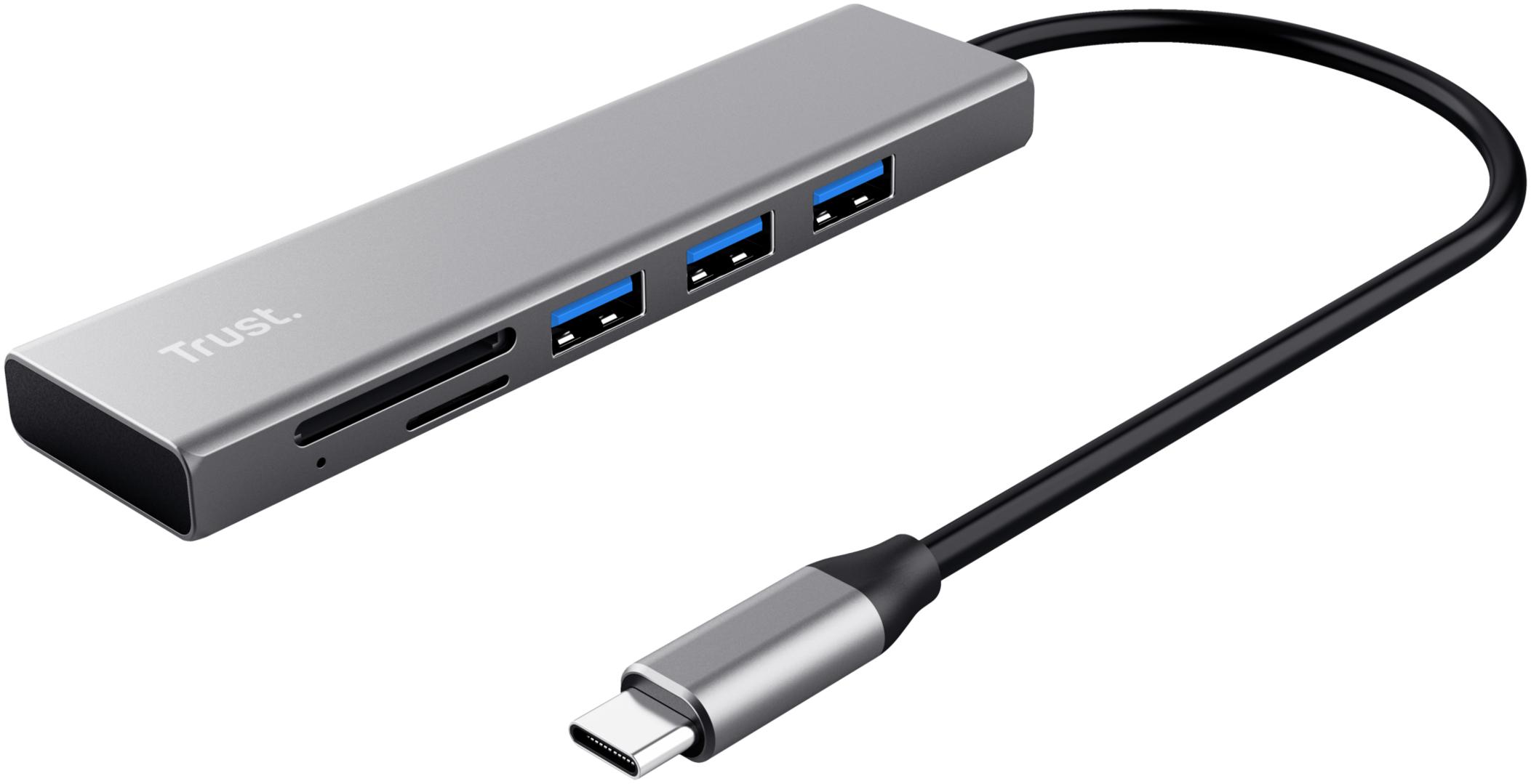 TRUST Hub USB-C 3.2 Halyx - 3 ports USB-A + lecteur de cartes (Argent)