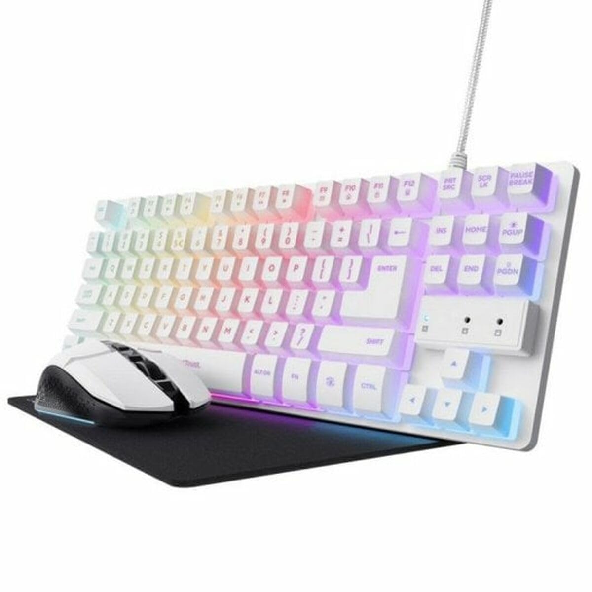 TRUST GXT 794W Pack Gaming TKL RGB Clavier Blanc + Souris Sans Fil RGB Blanche + Tapis de Souris Noir