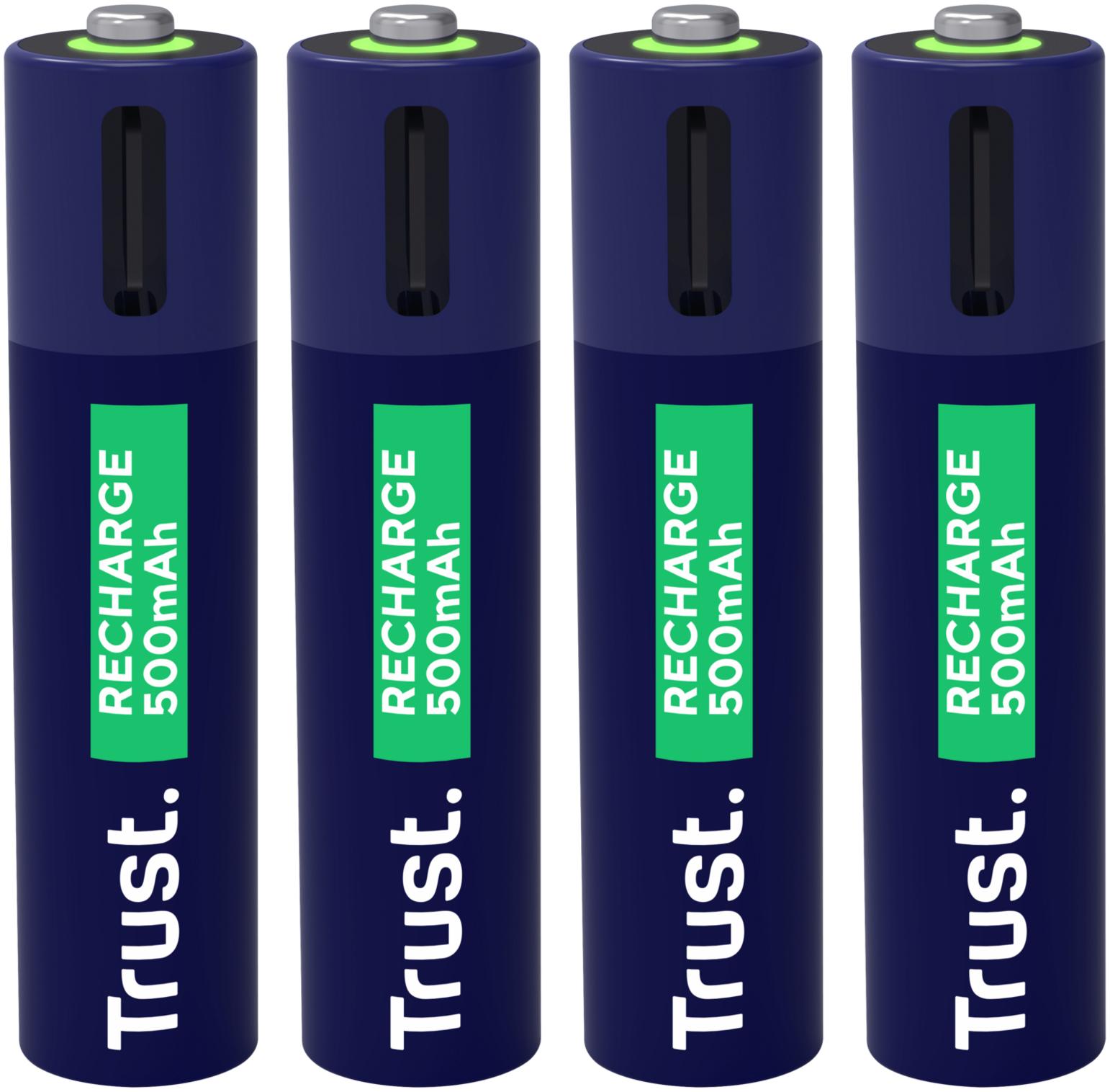 TRUST Pack de 4 piles rechargeables par USB-C type AAA - 500 mAh - Cable recharge inclus (LR03)