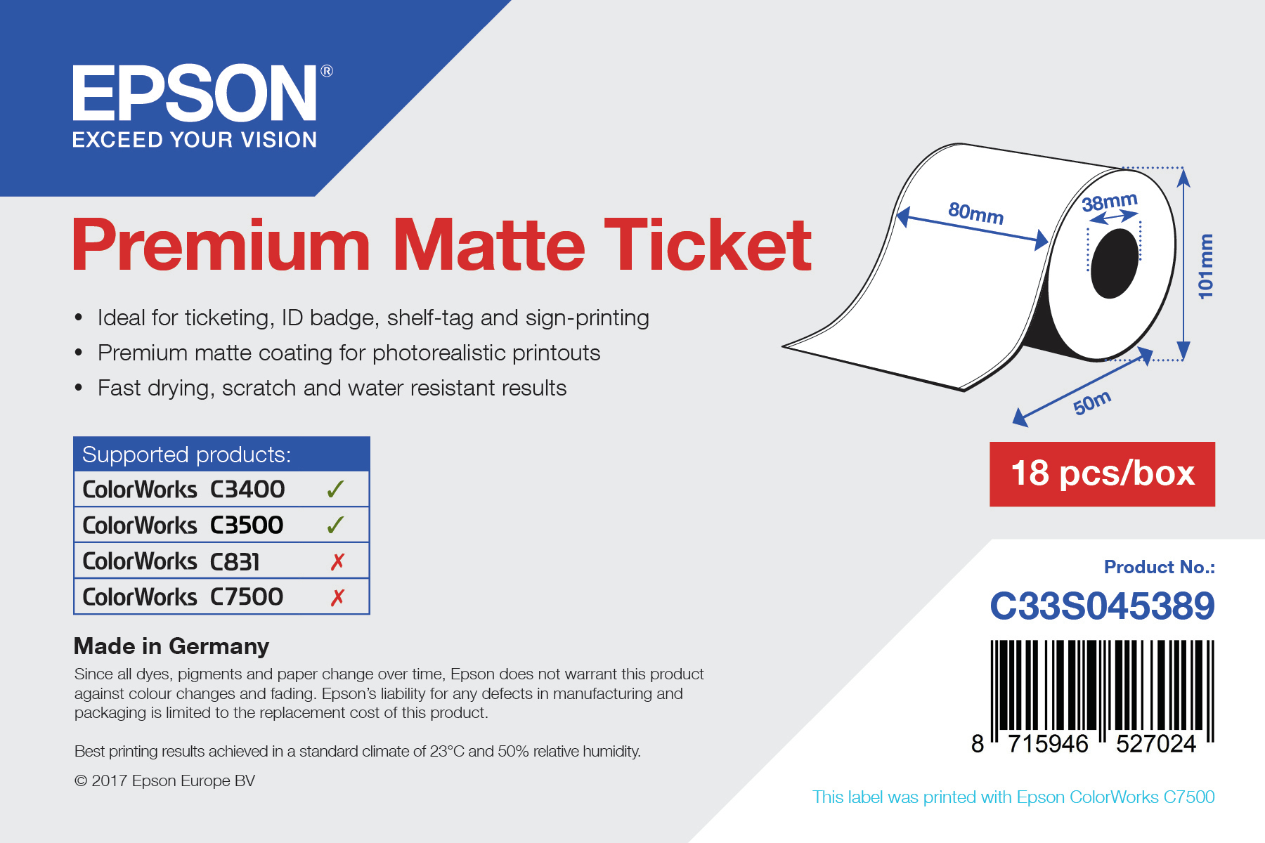 EPSON Rouleau Papier matte 80mmx50m