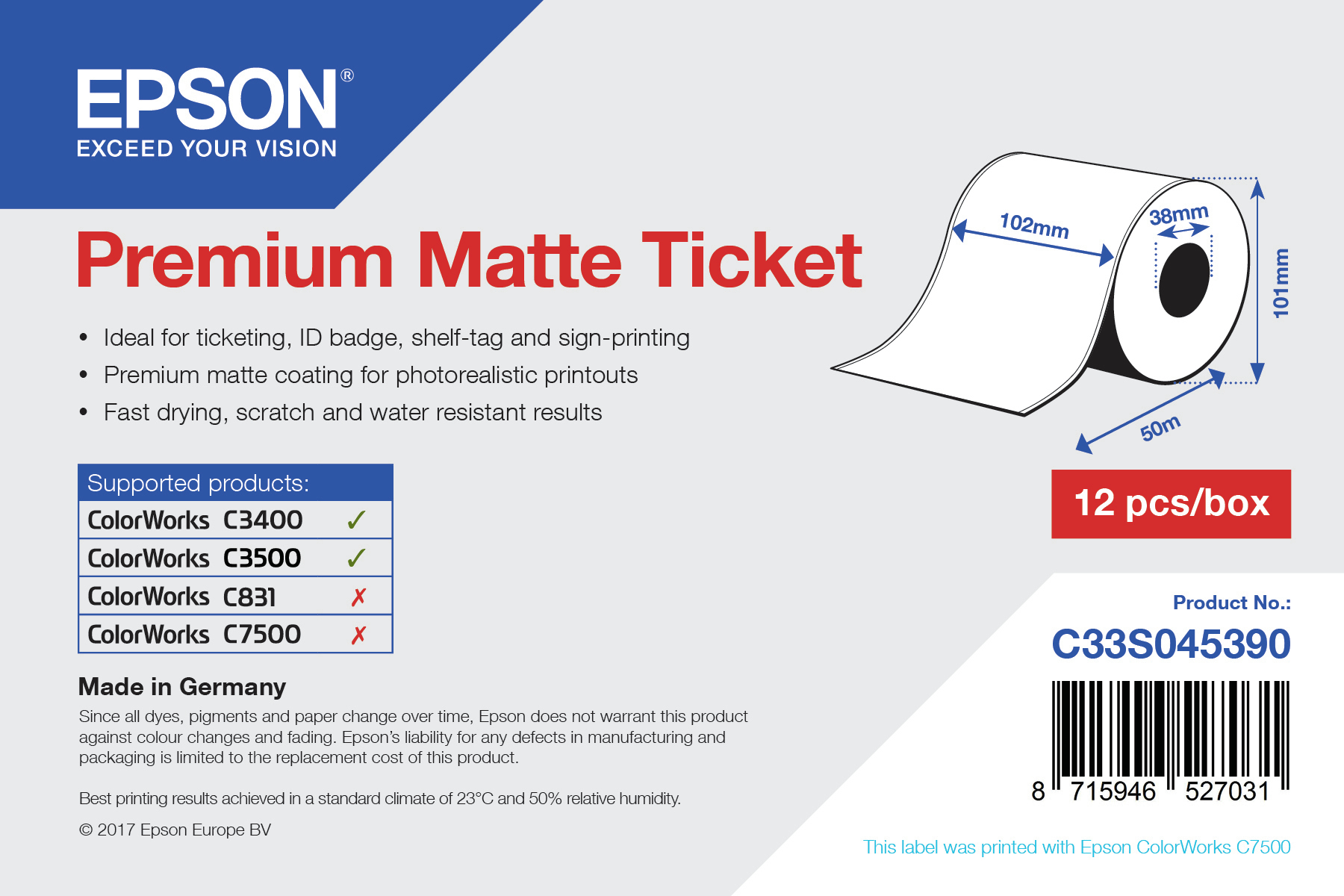 EPSON EPSON Premium Etiketten matt weiß 102mm x 50mm 12STK