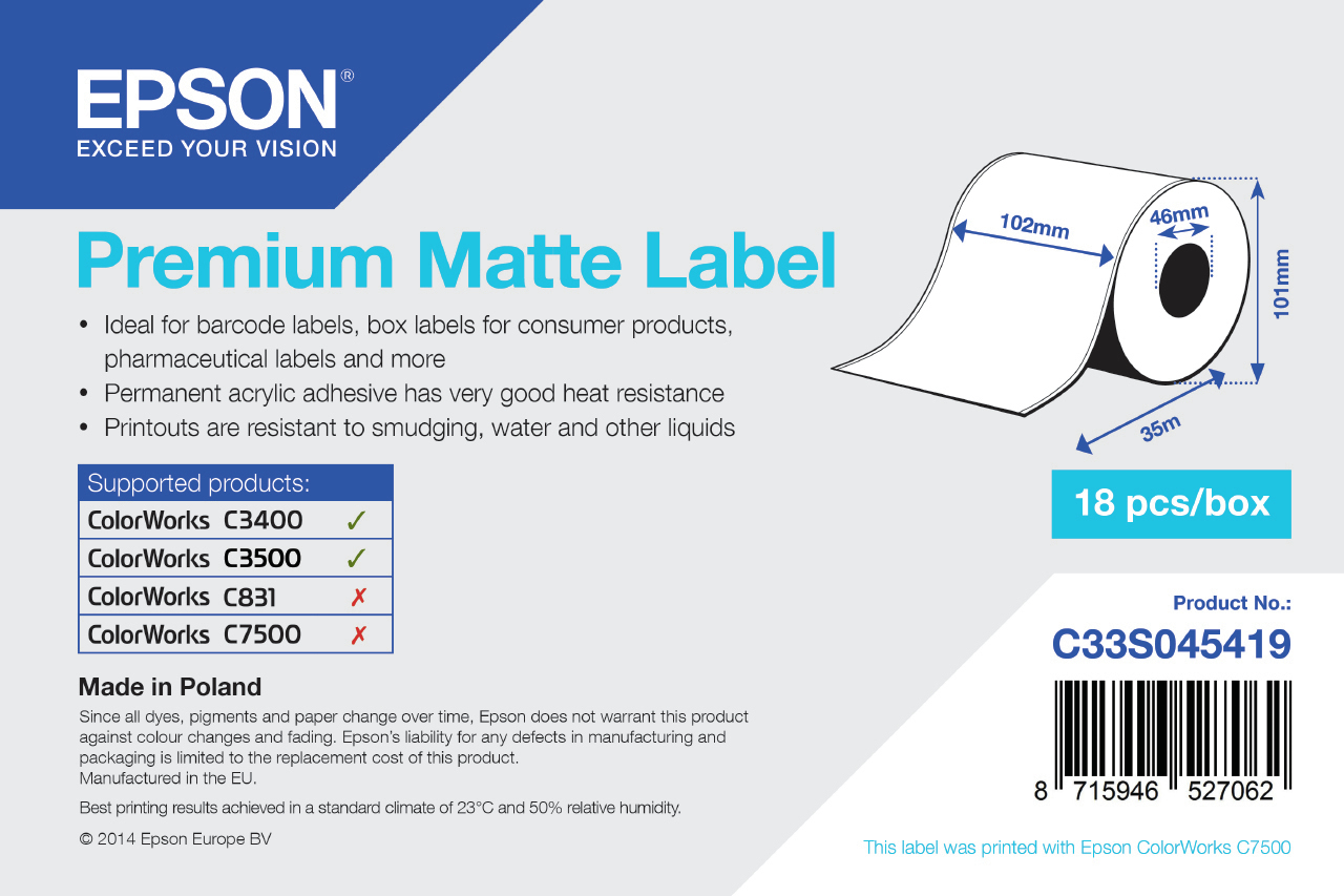 EPSON Etiketten Premium Matte Label 102mmx35m Continuous R.