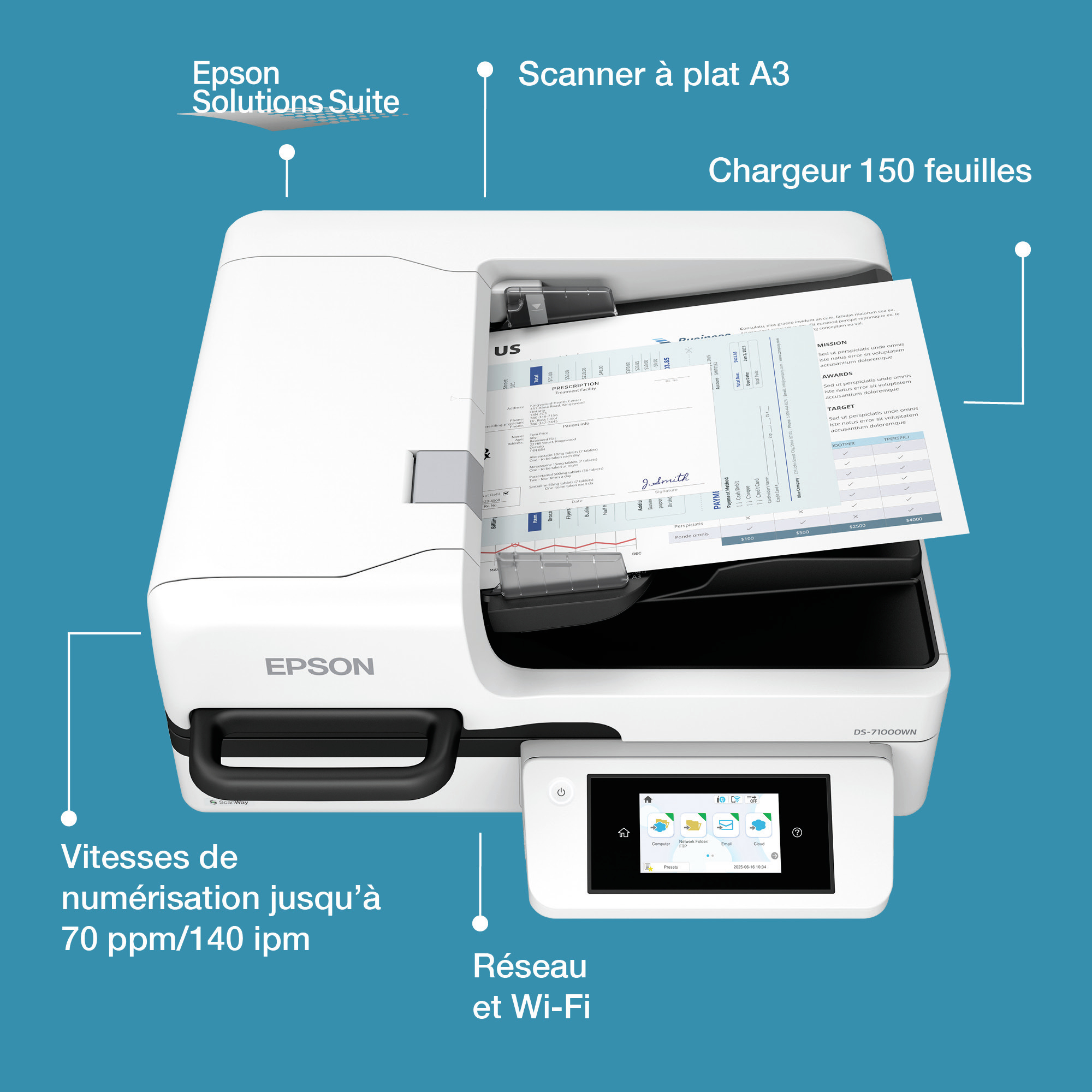 EPSON WorkForce DS-71000WN 70ppm/140ipm speed Scanners BM 600 DPI x 600 DPI Horizontal x Vertical Input 30 Bits Color