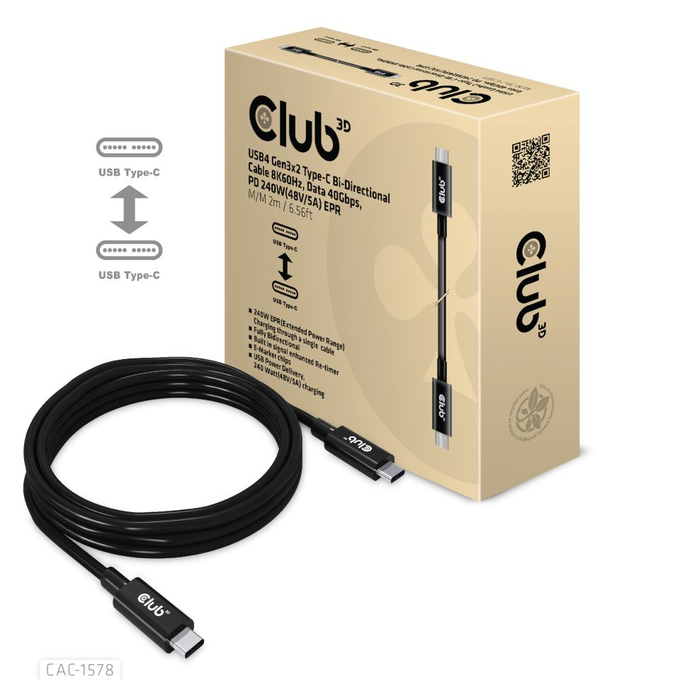 CLUB 3D Club 3D USB4 Kabel 8K60Hz 40Gbps PD 240W(48V/5A) EPR St/St 2m
