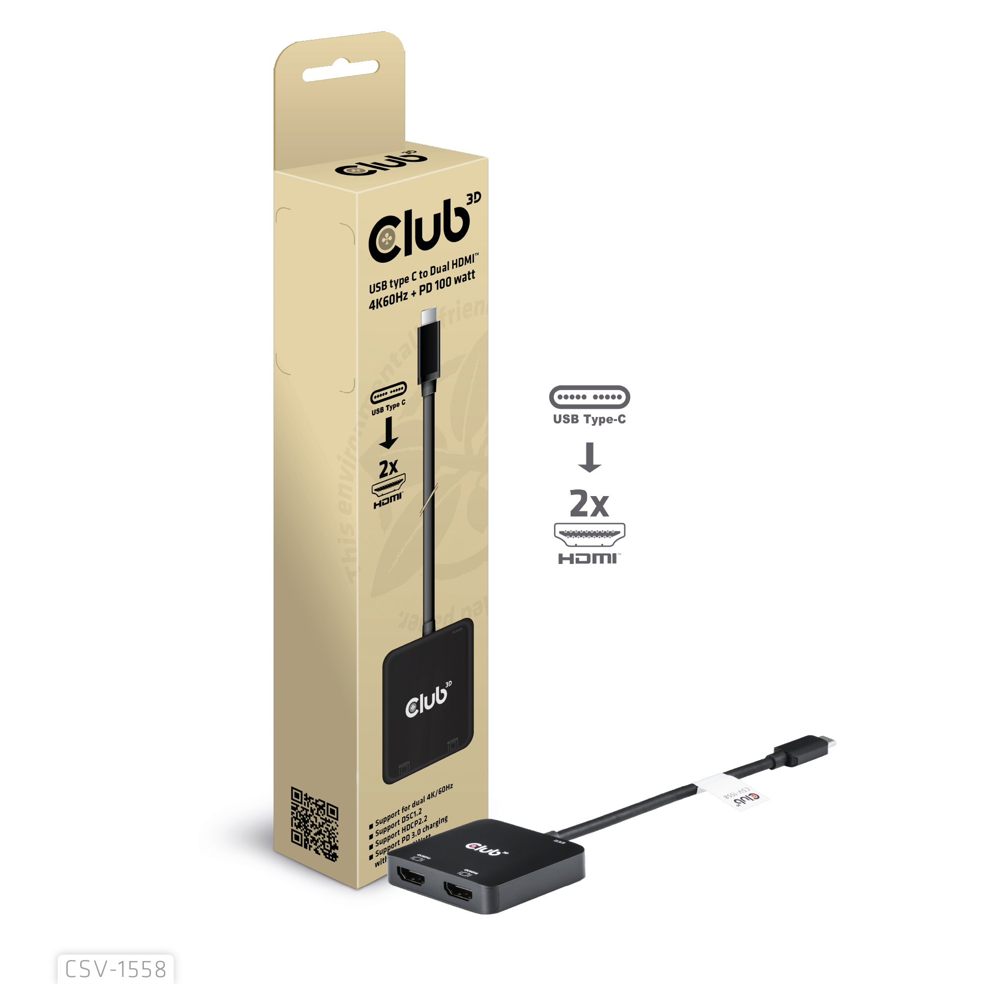 CLUB 3D Club3D MST-Hub USB 3.2 Typ C > 2x HDMI 4K60Hz +100W PD St/Bu retail