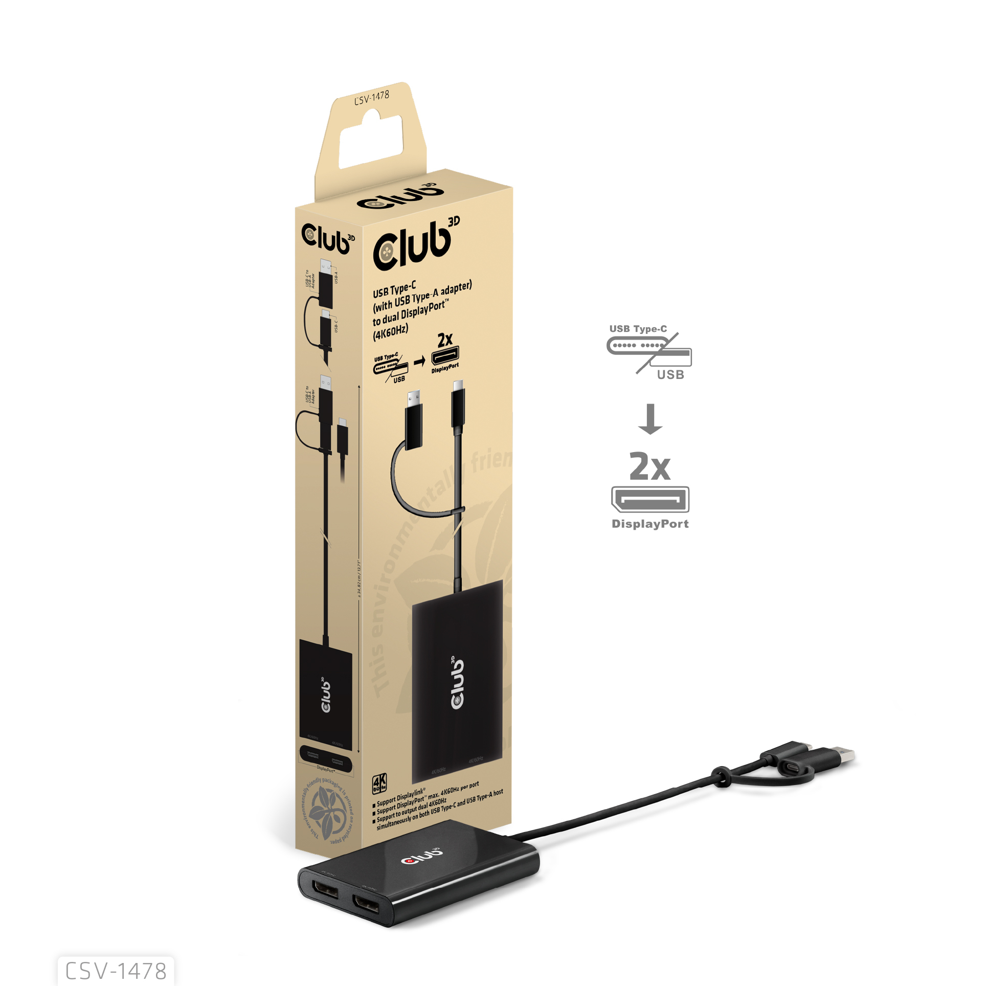CLUB 3D Club3D Adapter USB-C (USB A Adapter) > 2x DP 4K@60Hz St/Bu retail
