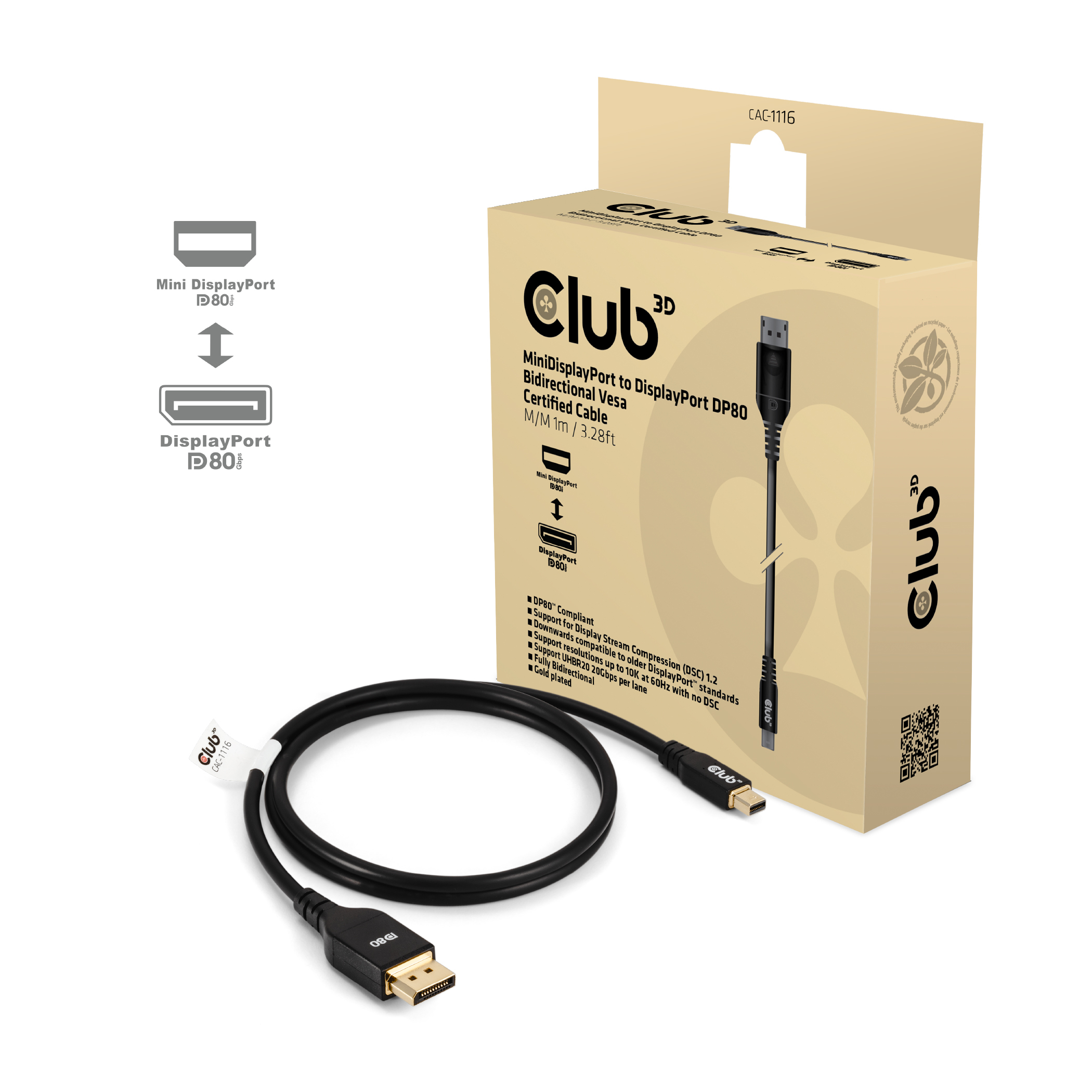 CLUB 3D Club3D Kabel   MiniDP 2.1 <->  DP2.1        1m 10K60Hz St/St retail