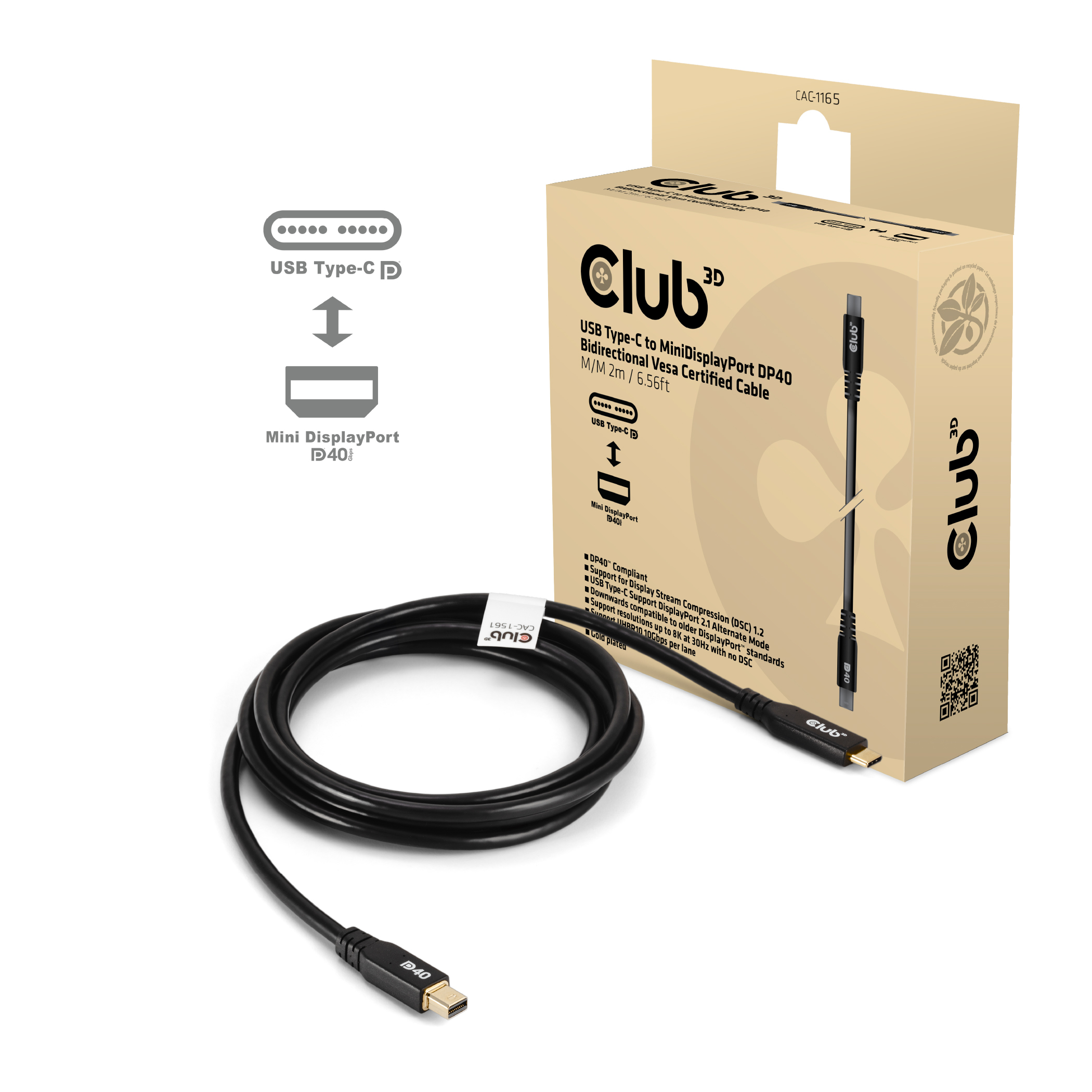 CLUB 3D Club3D Kabel USB Typ C <-> MiniDP 2.1 2m 8K30Hz St/St retail