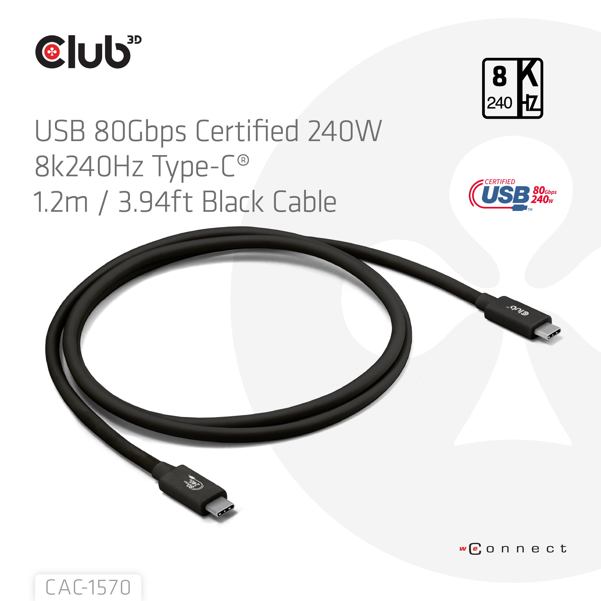 CLUB 3D Club3D Kabel USB-C 80Gbps zertifi. PD240W/8K240Hz 1,2m St/St retail