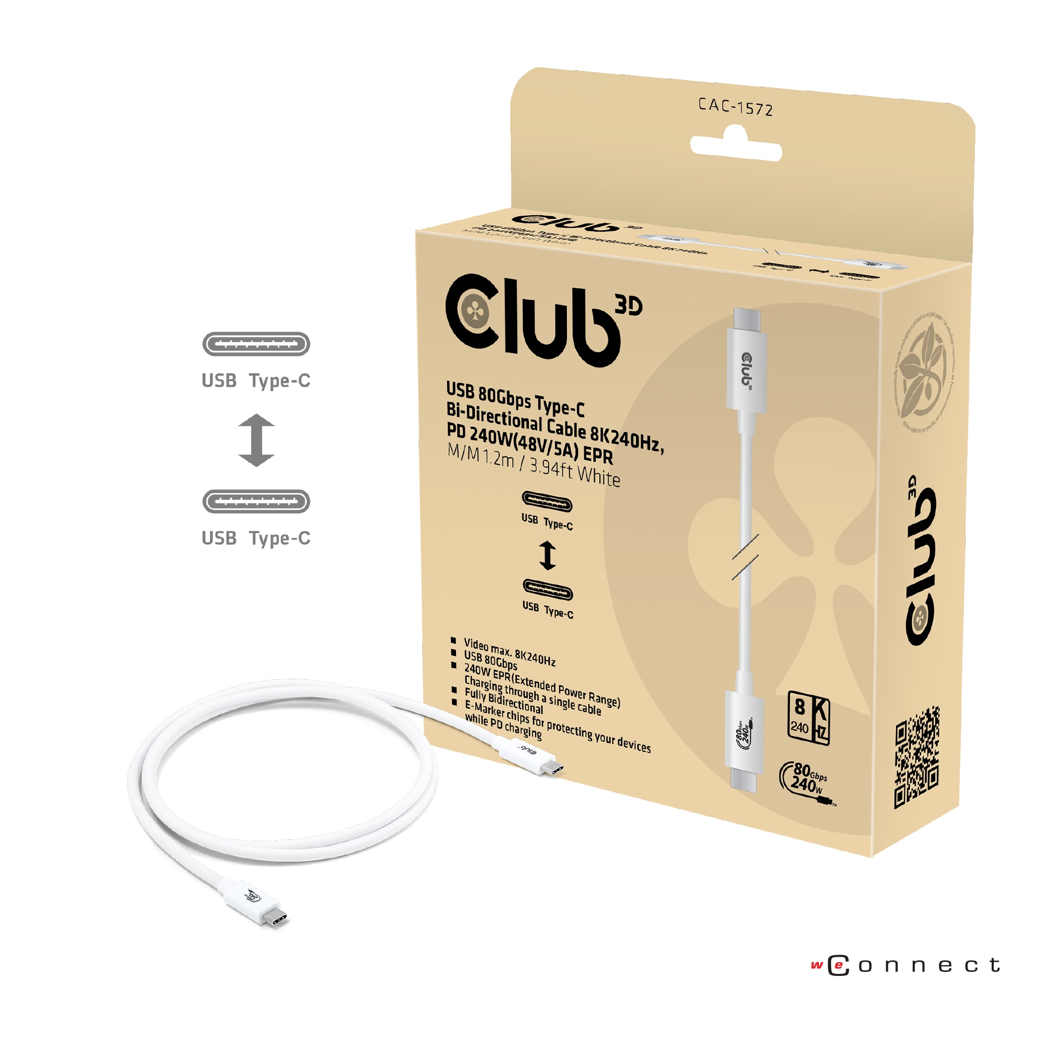 CLUB 3D Club3D Kabel USB-C 80Gbps zertifi. PD240W/8K240Hz 1,2m weiß retail