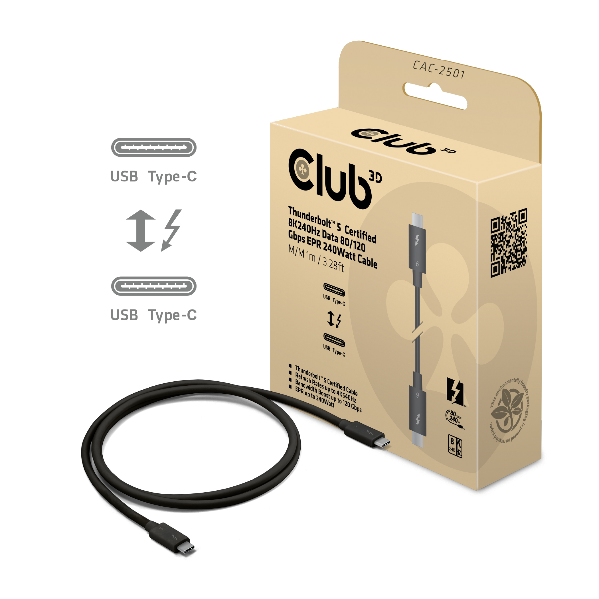 CLUB 3D Club3D Kabel Thunderbolt5 zertifi. 8K240Hz/ 80/120Gbps 1m retail