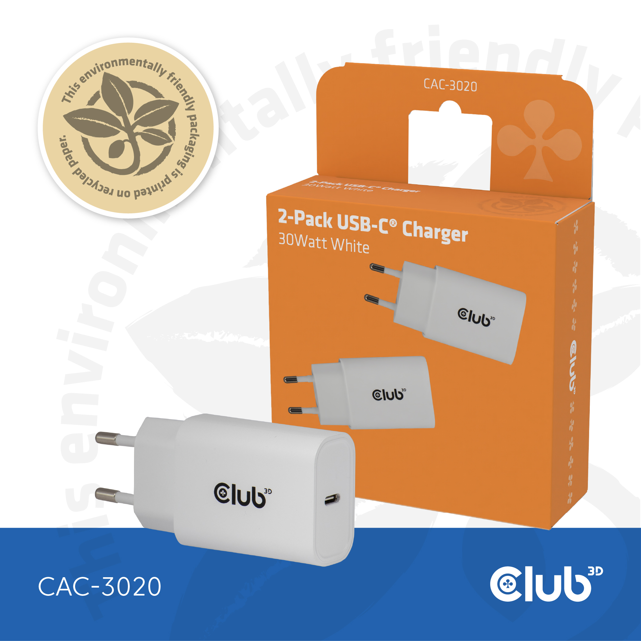 CLUB 3D Club3D Lifestyle Ladegerät USB-C 30Watt, 2Stk weiß retail