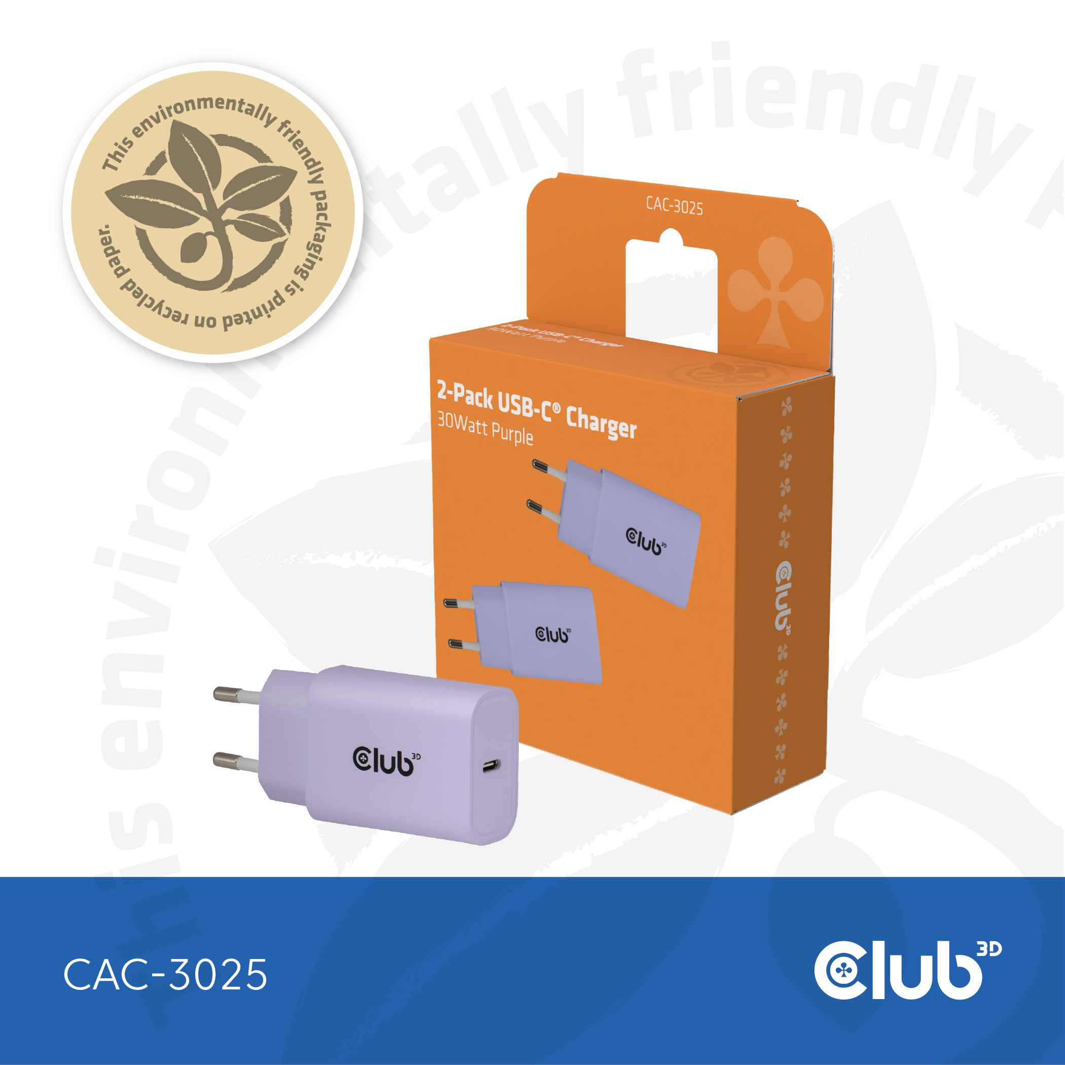 CLUB 3D Club3D Lifestyle Ladegerät USB-C 30Watt, 2Stk lila retail
