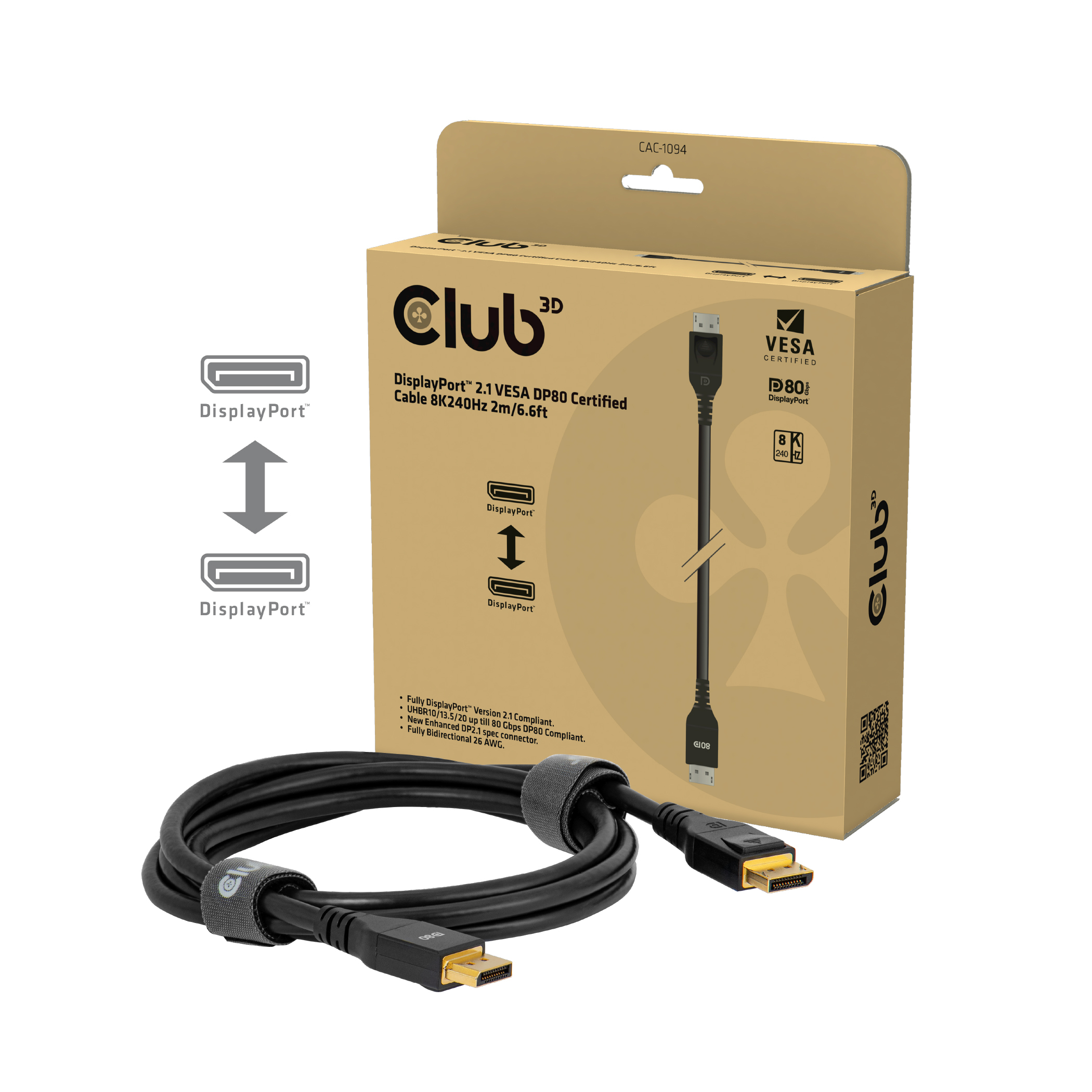 CLUB 3D Club3D DP-Kabel 2.1 DP80 zertifiziert     2m 10K/8K/4K St/St retail