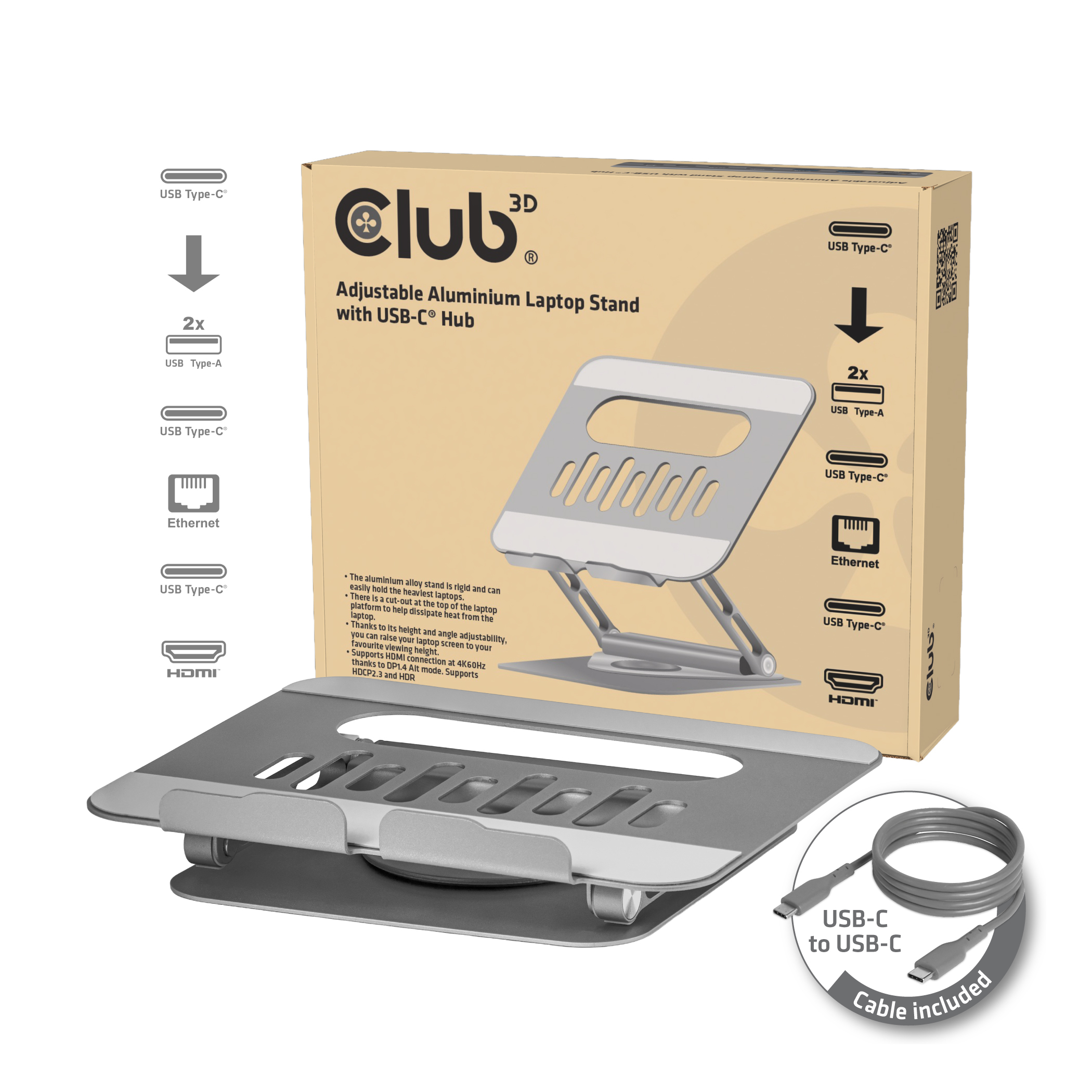 CLUB 3D Club3D Laptopständer mit USB-C HUB 100W 360° 4K60Hz