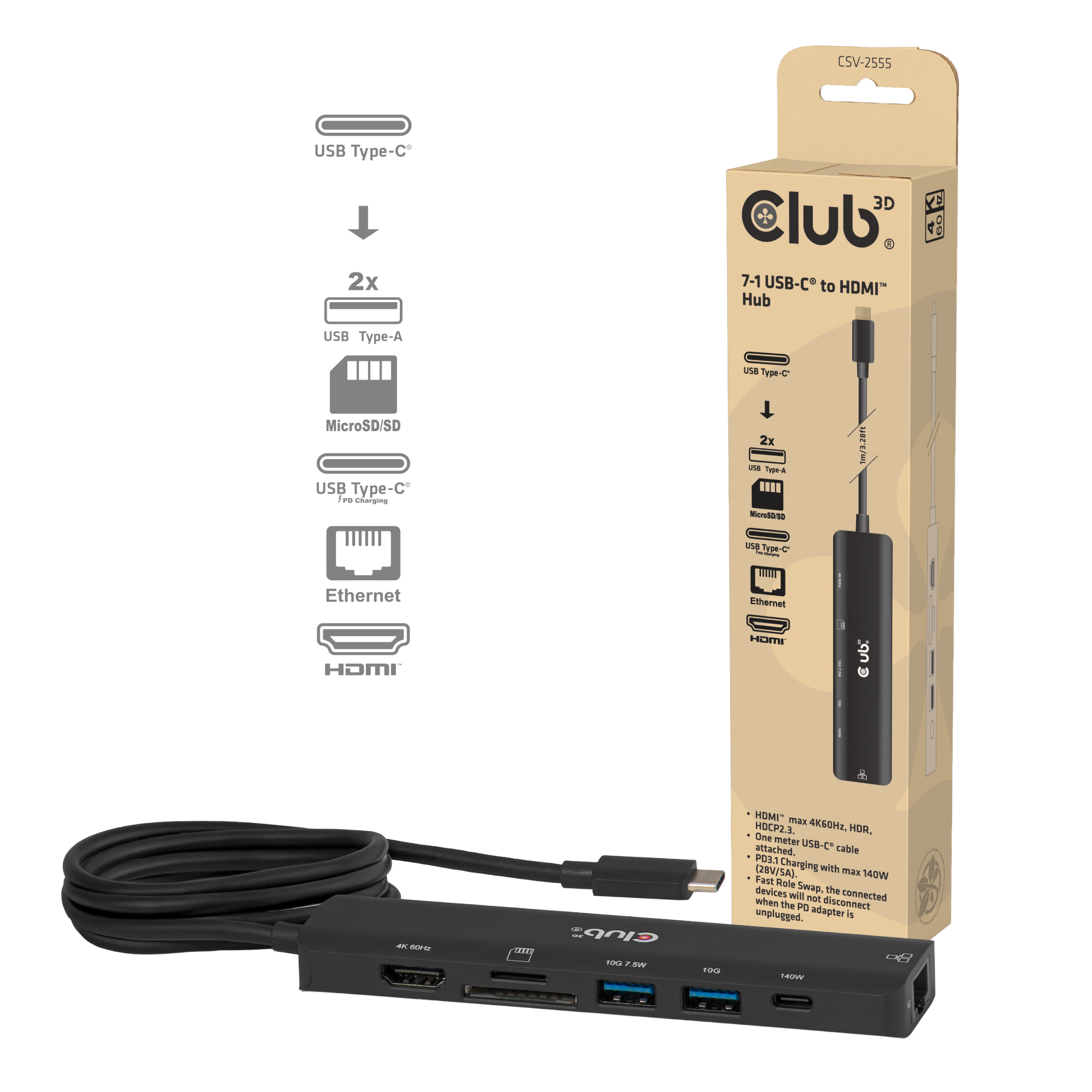CLUB 3D Club3D USB-C 7in1-HUB >HDMI/2xUSB/USB-C/LAN   4K60Hz  PD140W retail