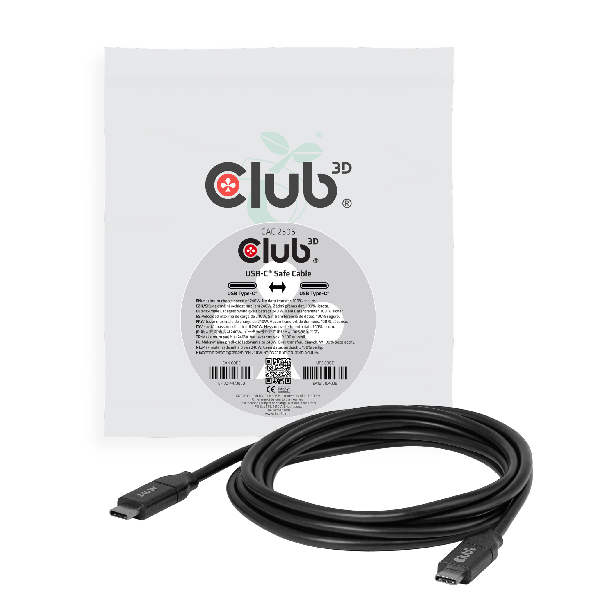 CLUB 3D Club3D USB-C Sicherheitsladekabel 240W    2m           St/St Polybeutel