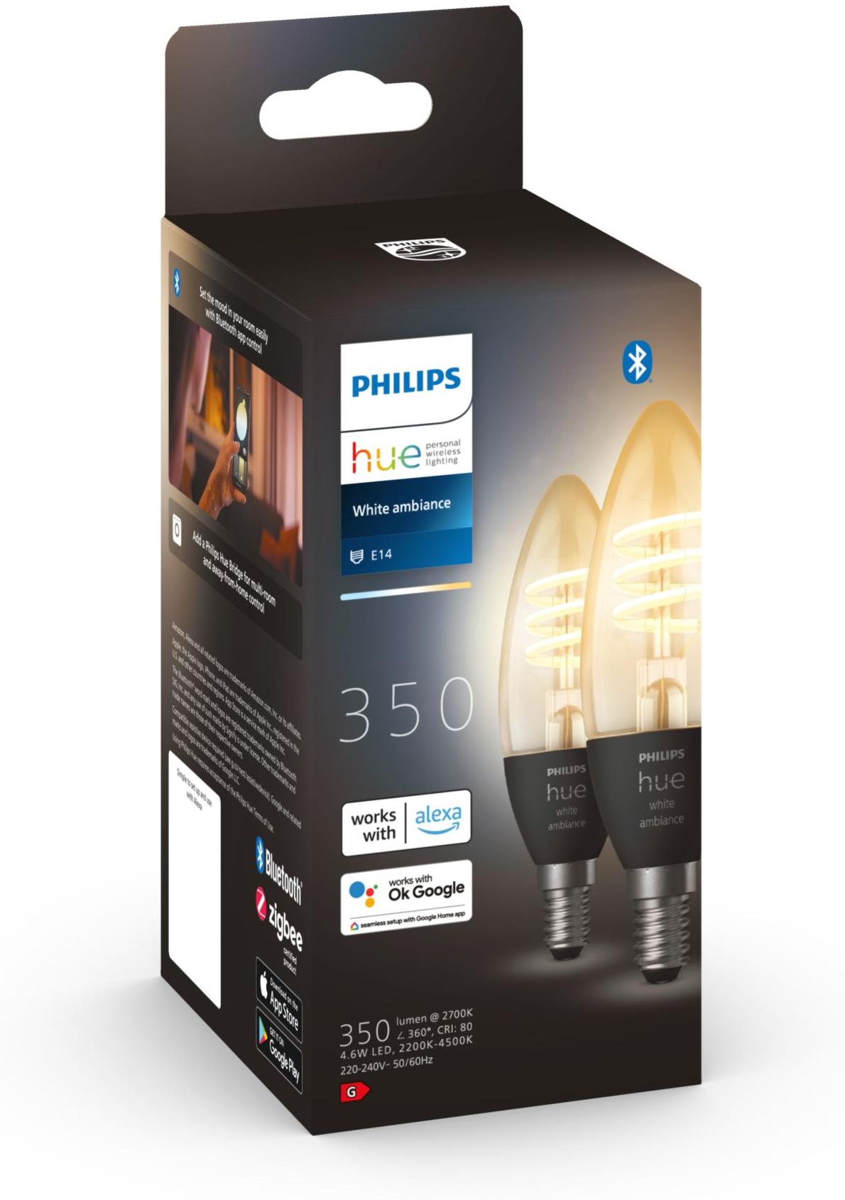 Philips Hue Pack de 2 ampoules White Ambiance 4.9W Filament flamme E14