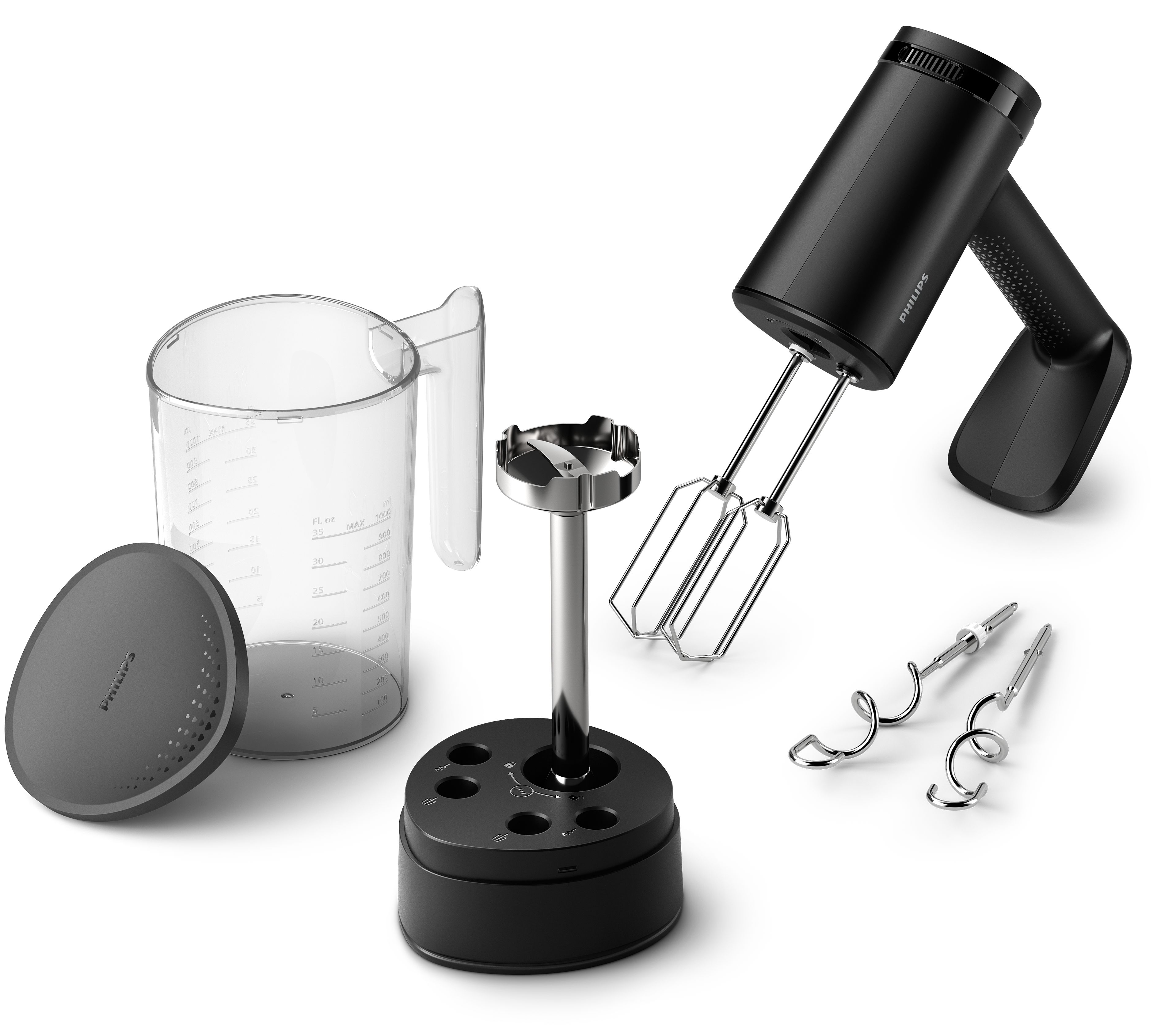 PHILIPS Handmixer black 500W 5 speed + turbo dough hooks and beaters storage beaker andblender attachment