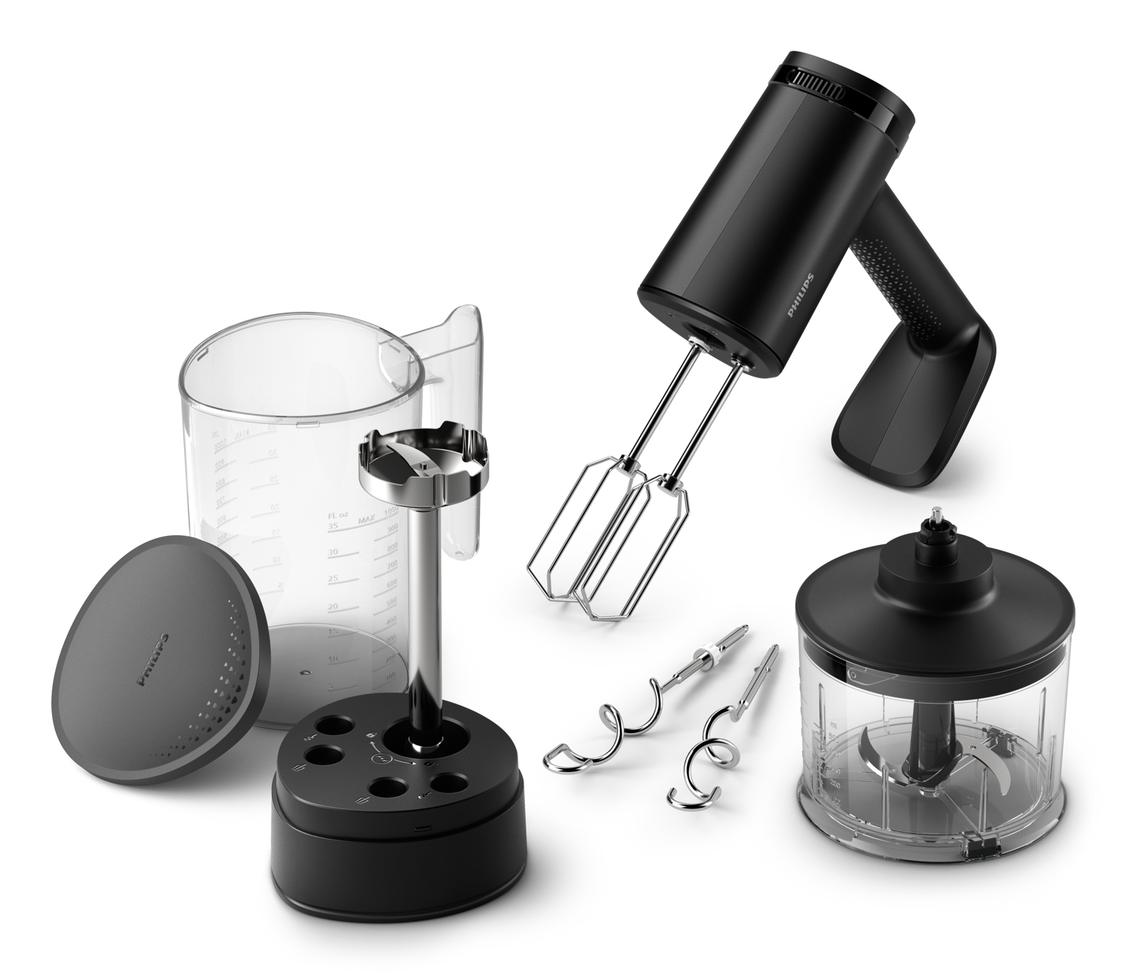PHILIPS Handmixer black 500W 5 speed + turbo dough hooks and beaters storage beaker andblender & chopper attachment