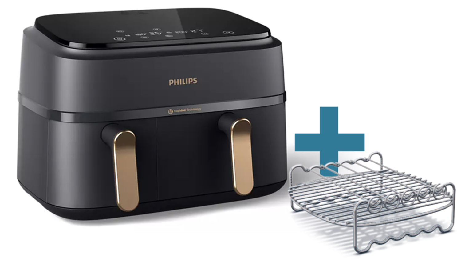 PHILIPS Airfryer 9L Non-Window Dual Basket RapidAir Digital black body/copper handle double layer with skewers