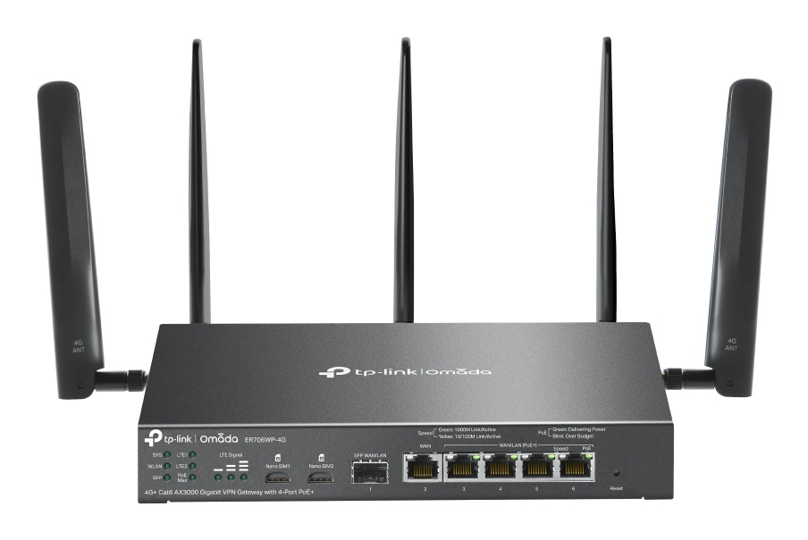 TPLINK Omada 4G+ Cat6 AX3000 Gigabit VPN Gateway with 4-Port PoE+