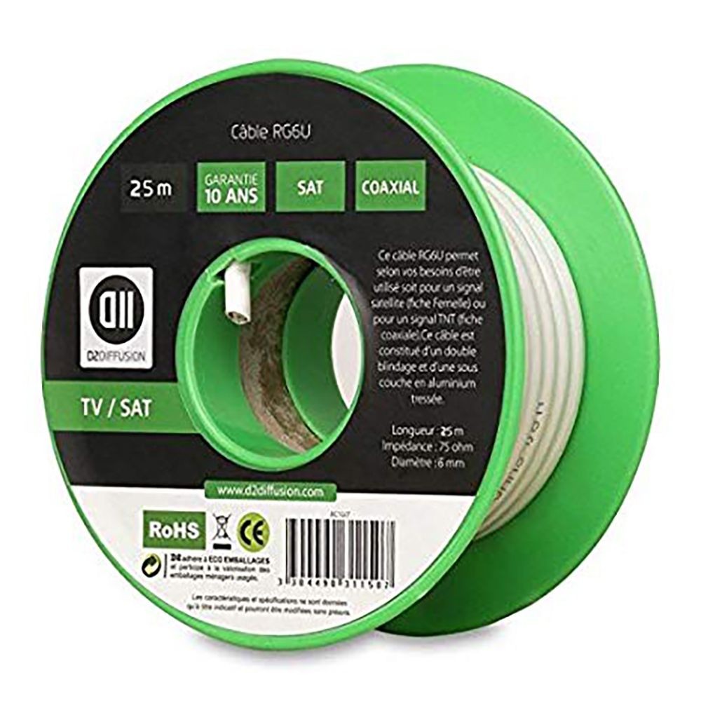 D2 Diffusion Bobine de c ble Coaxial 25 m Blanc diamÃ¨tre 6mm