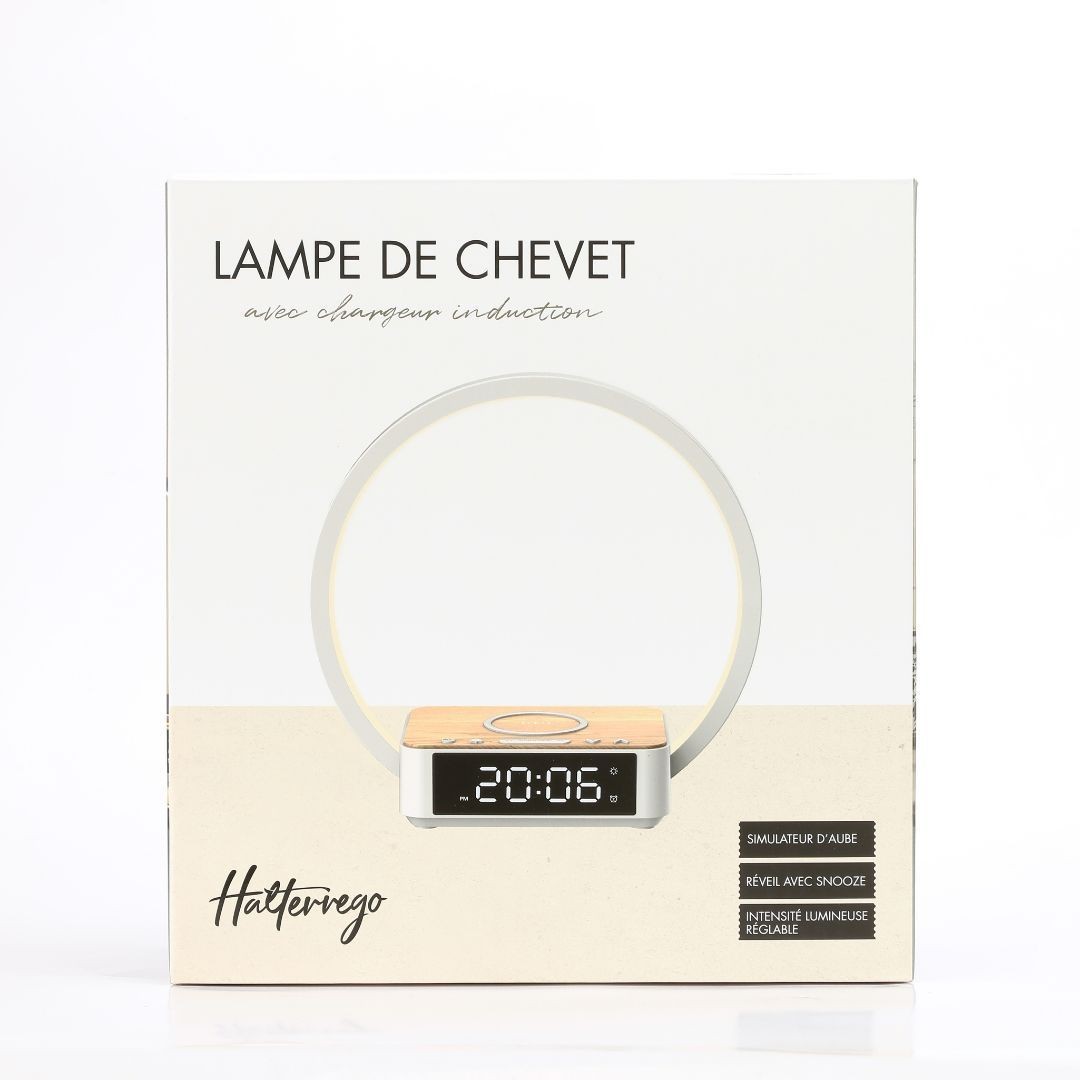 Halterrego Lampe de chevet avec chargeur induction certifié Qi à 10W, fonction réveil, lum