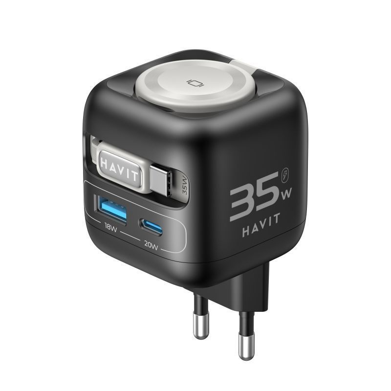 Havit Chargeur secteur  t UC250-A - 1x USB-C + 1x USB-A + cable USB-C intÃ©grÃ©  35W (Noir)
