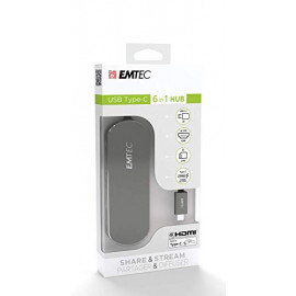 EMTEC Hub USB 3.1 6en1 T650C 3 ports 3.1 + 1 port USB-C + Lecteur de carte SD (Noir)