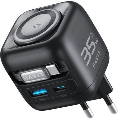Havit Chargeur secteur  t UC250-A - 1x USB-C + 1x USB-A + cable USB-C intÃ©grÃ©  35W (Noir)