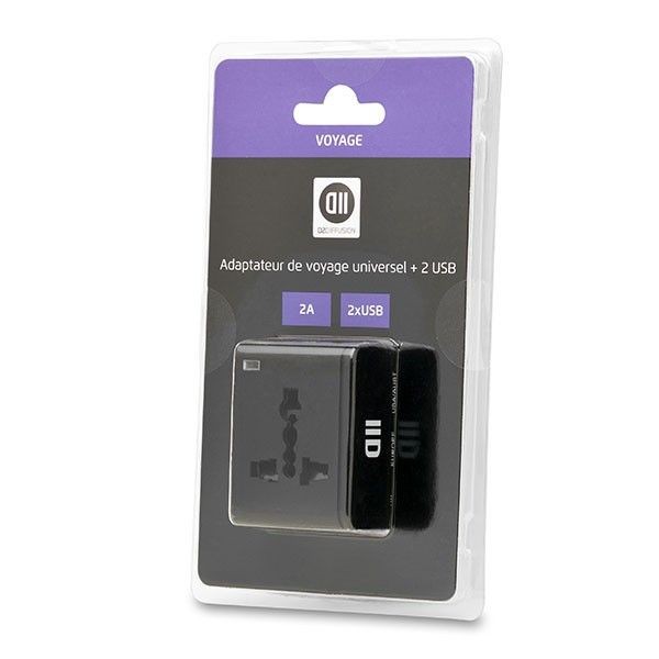 D2 Diffusion Adaptateur multi pays 2USB 2A noir