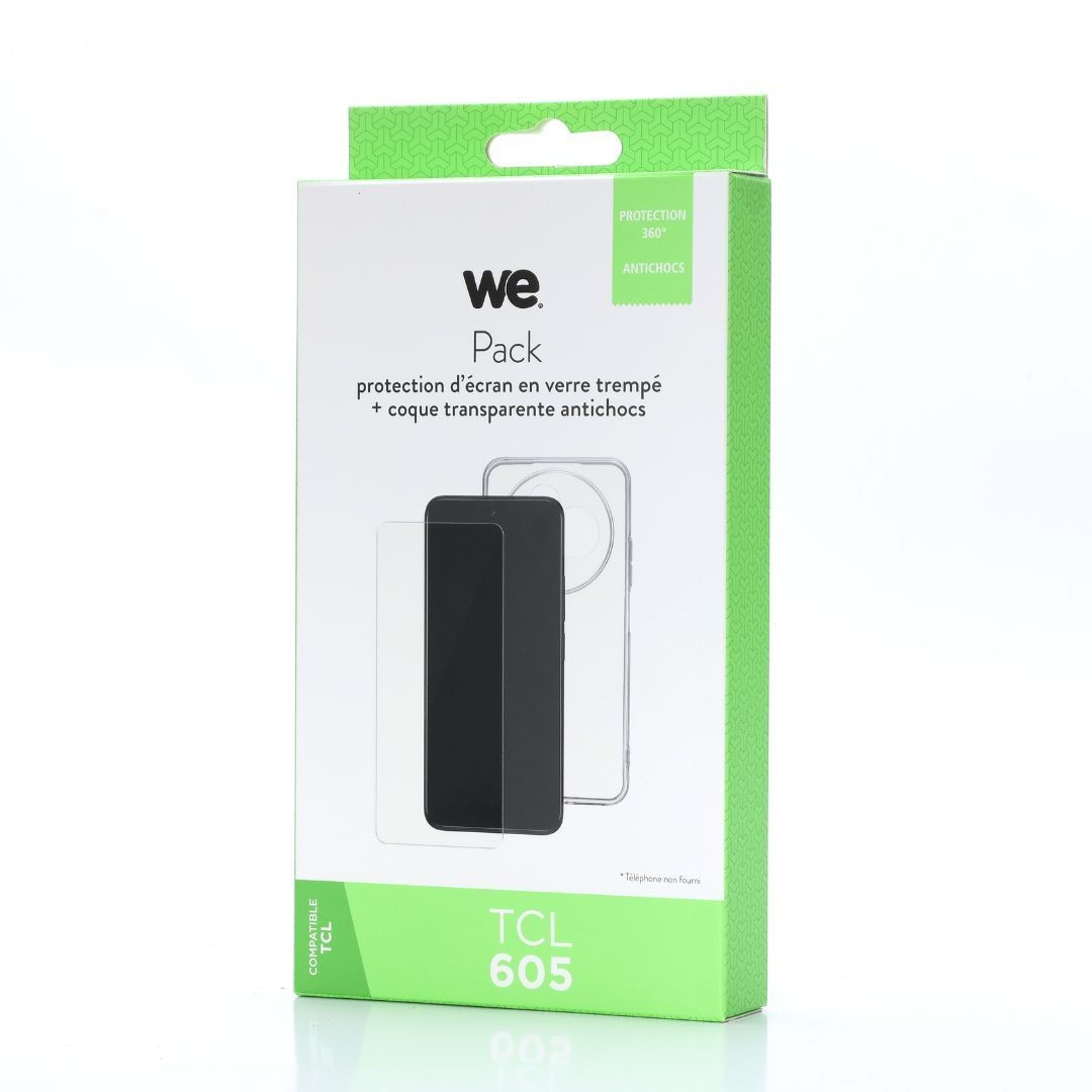 WE PACK verre trempé et coque de protection transparente TCL 605