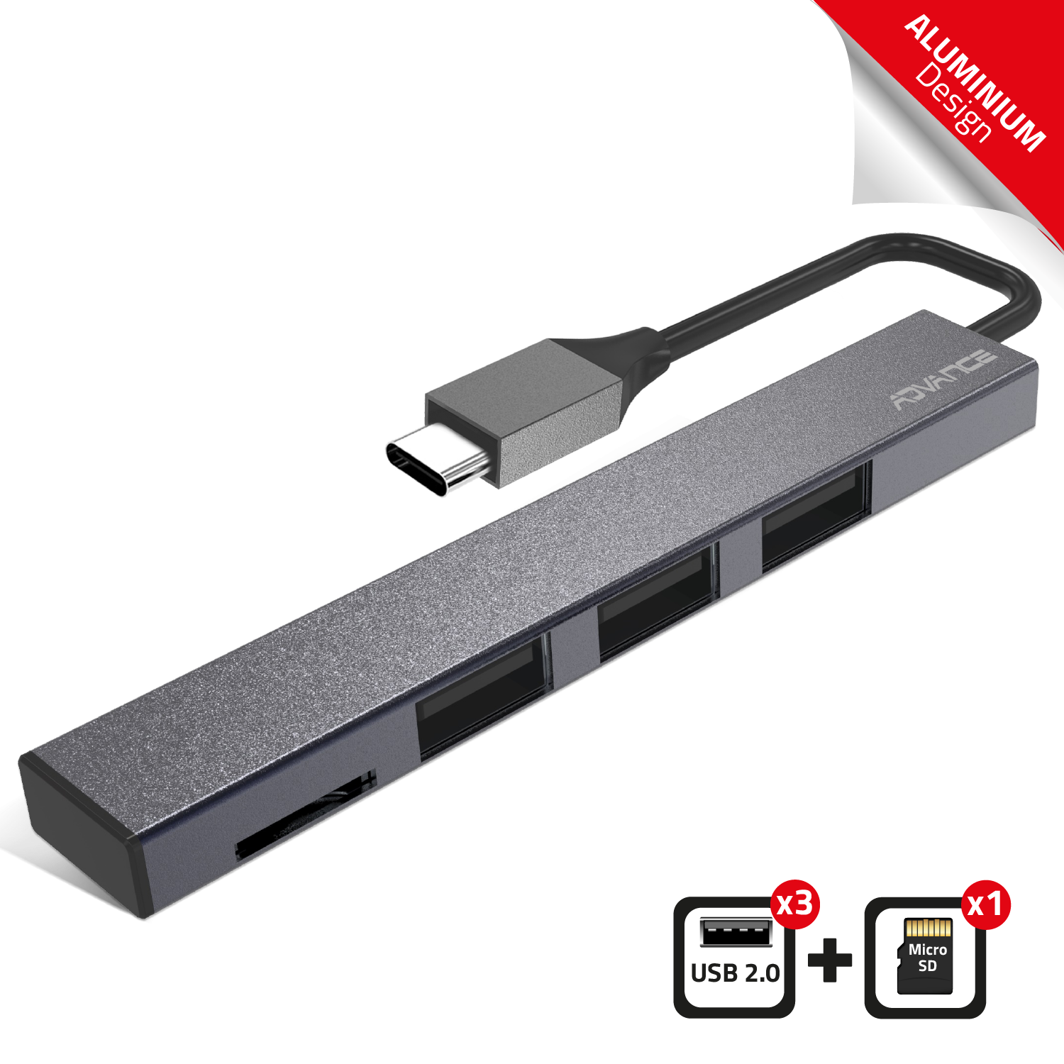 ADVANCE HUB en aluminium Type-C: 3 ports en USB2.0, 1 port microSD