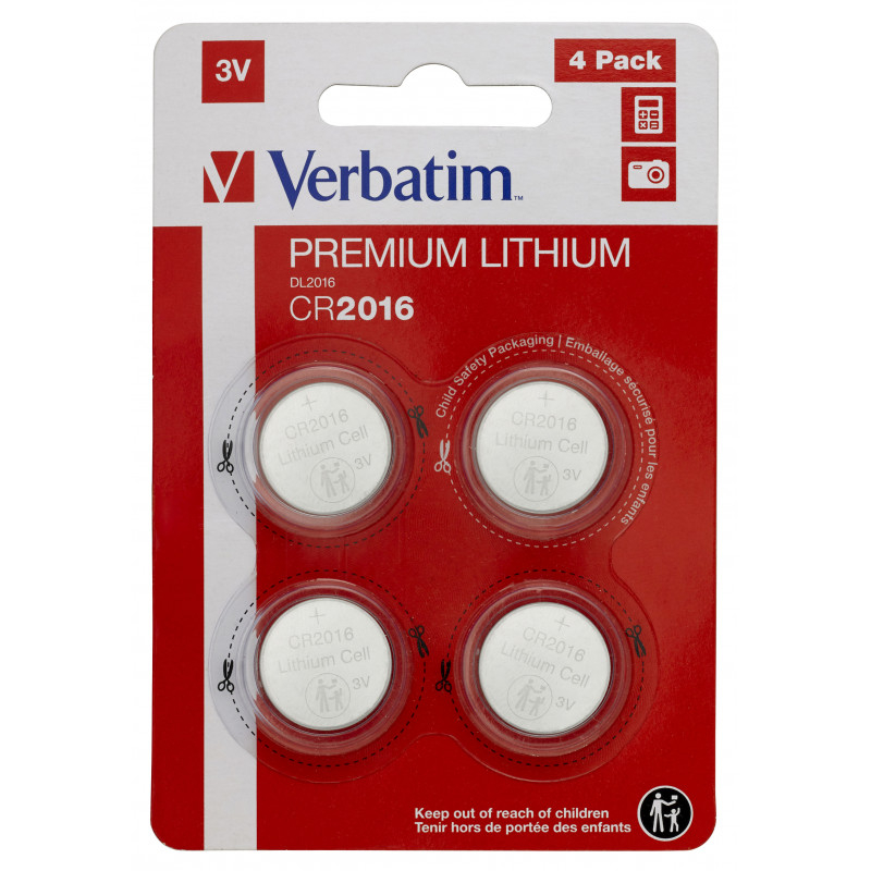 VERBATIM Lot de 4 Piles plates Premium CR2016 3V