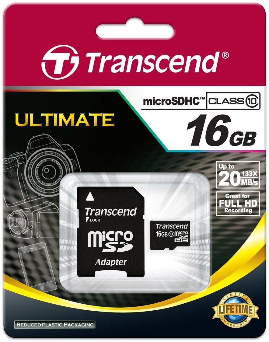 TRANSCEND Transcend TS16GUSDHC10 Carte microSDHC Class 10 avec adaptateur 16 Go